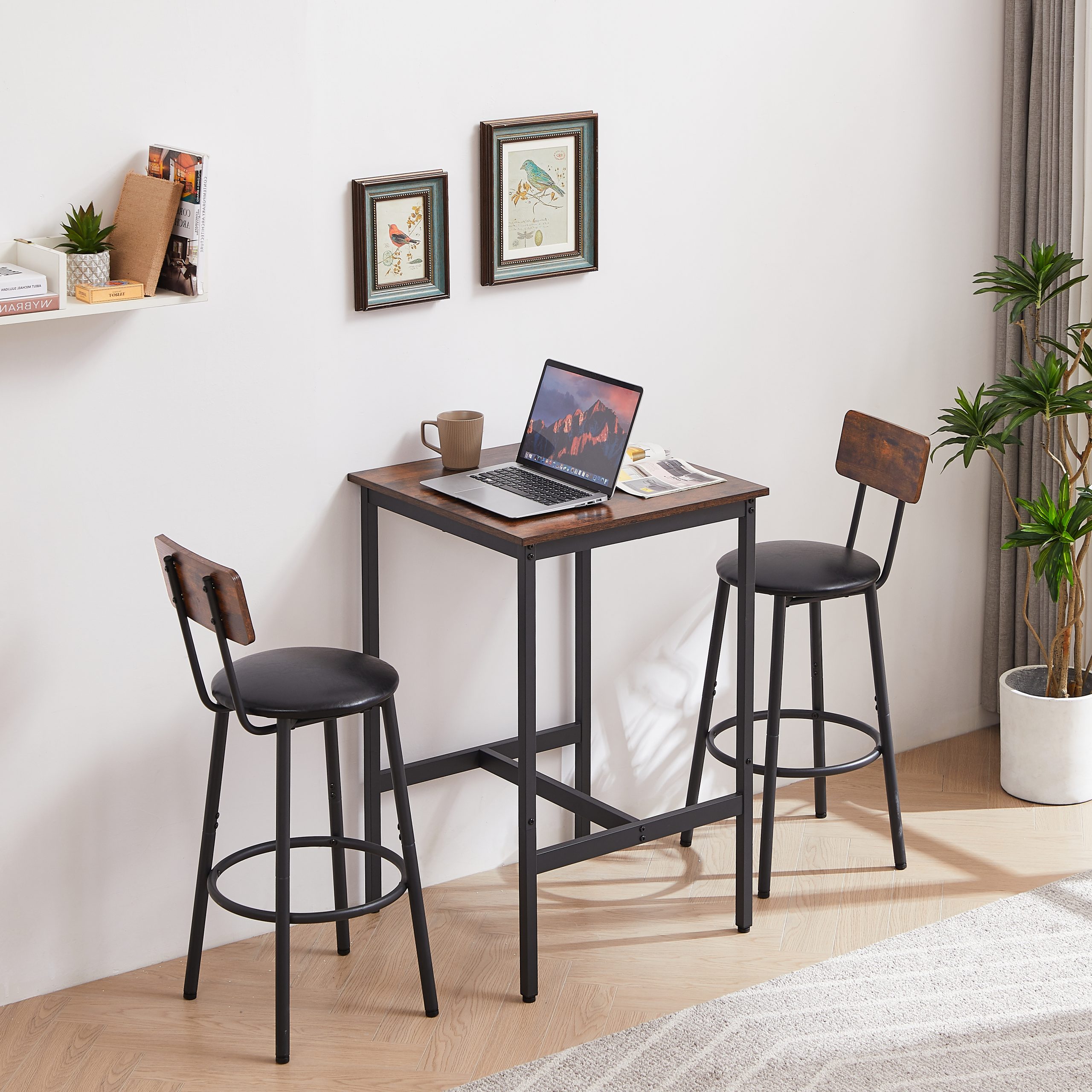 Bar Table Set with 2 Bar stools PU Soft seat with backrest, Rustic Brown, 23.62'' W x 23.62'' D x 35.43'' H - Image 4