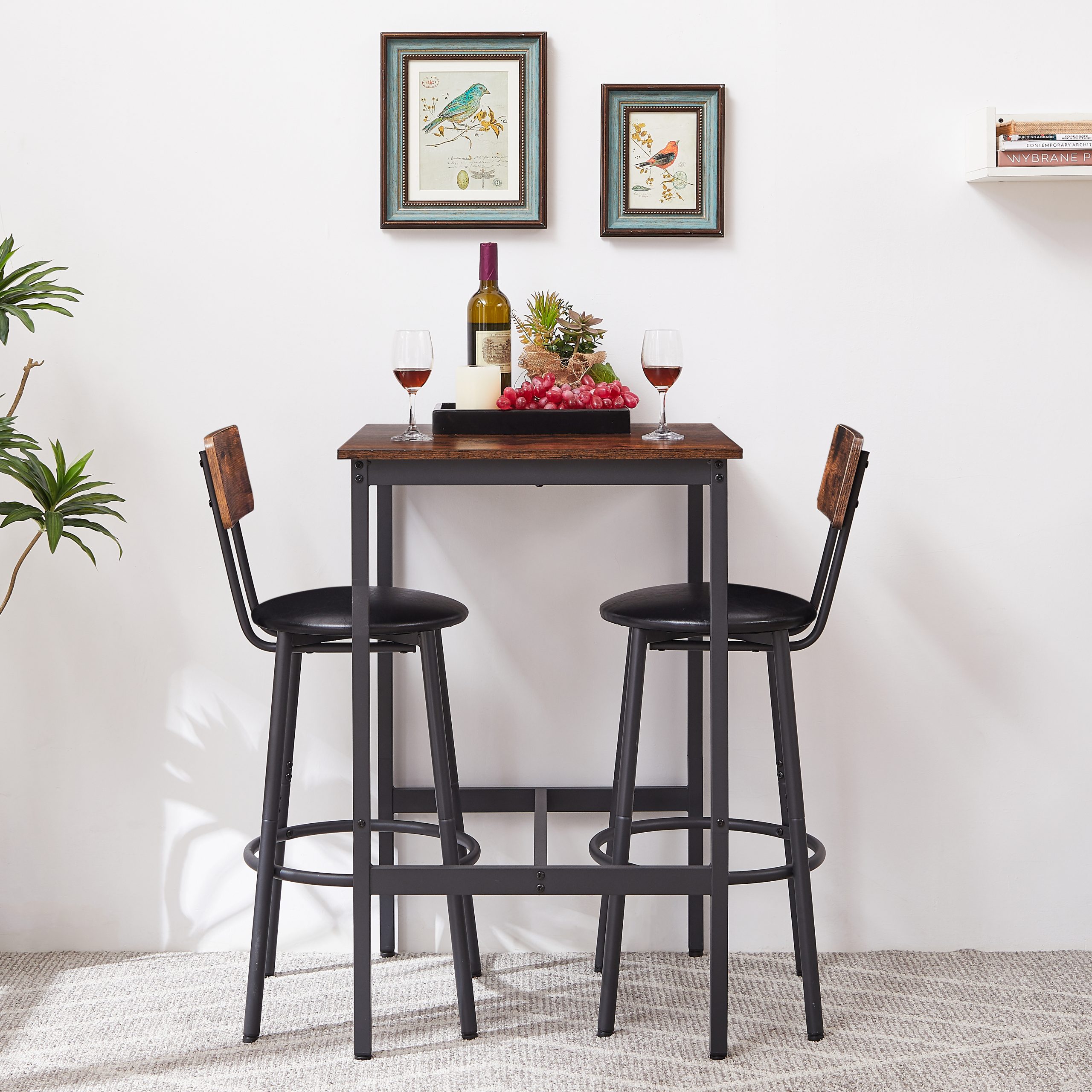 Bar Table Set with 2 Bar stools PU Soft seat with backrest, Rustic Brown, 23.62'' W x 23.62'' D x 35.43'' H - Image 5