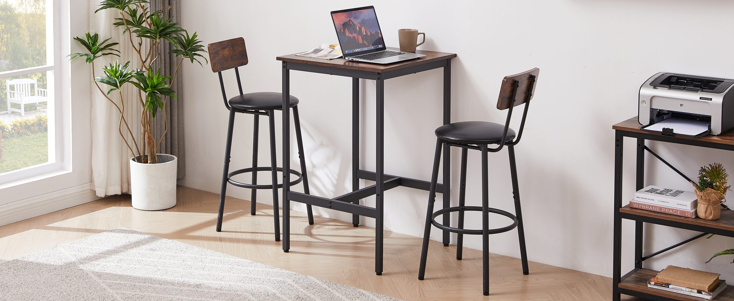 Bar Table Set with 2 Bar stools PU Soft seat with backrest, Rustic Brown, 23.62'' W x 23.62'' D x 35.43'' H - Image 6