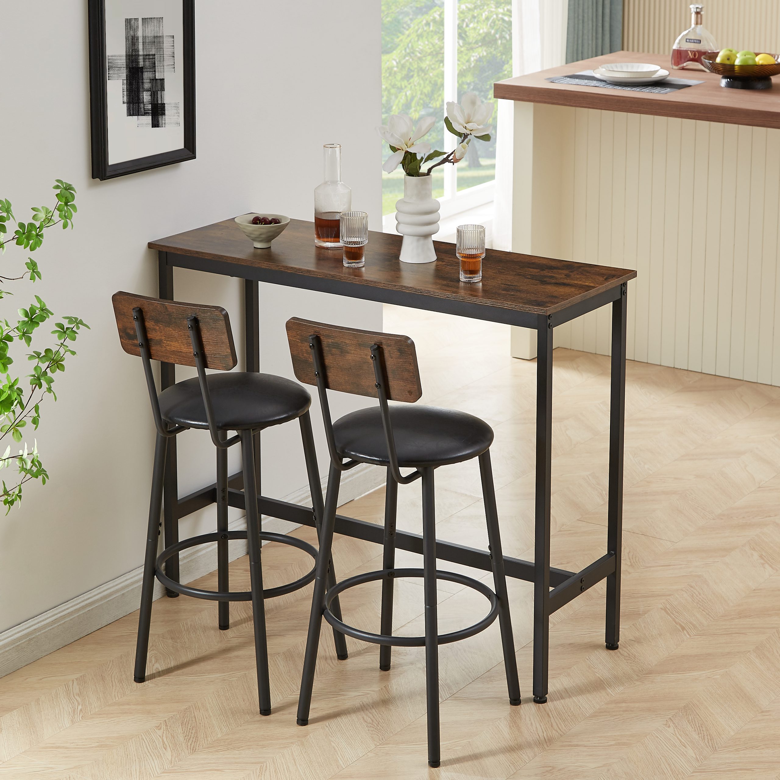 Bar Table Set with 2 Bar stools PU Soft seat with backrest, Rustic Brown, 43.31'' L x 15.75'' W x 35.43'' H. - Image 4