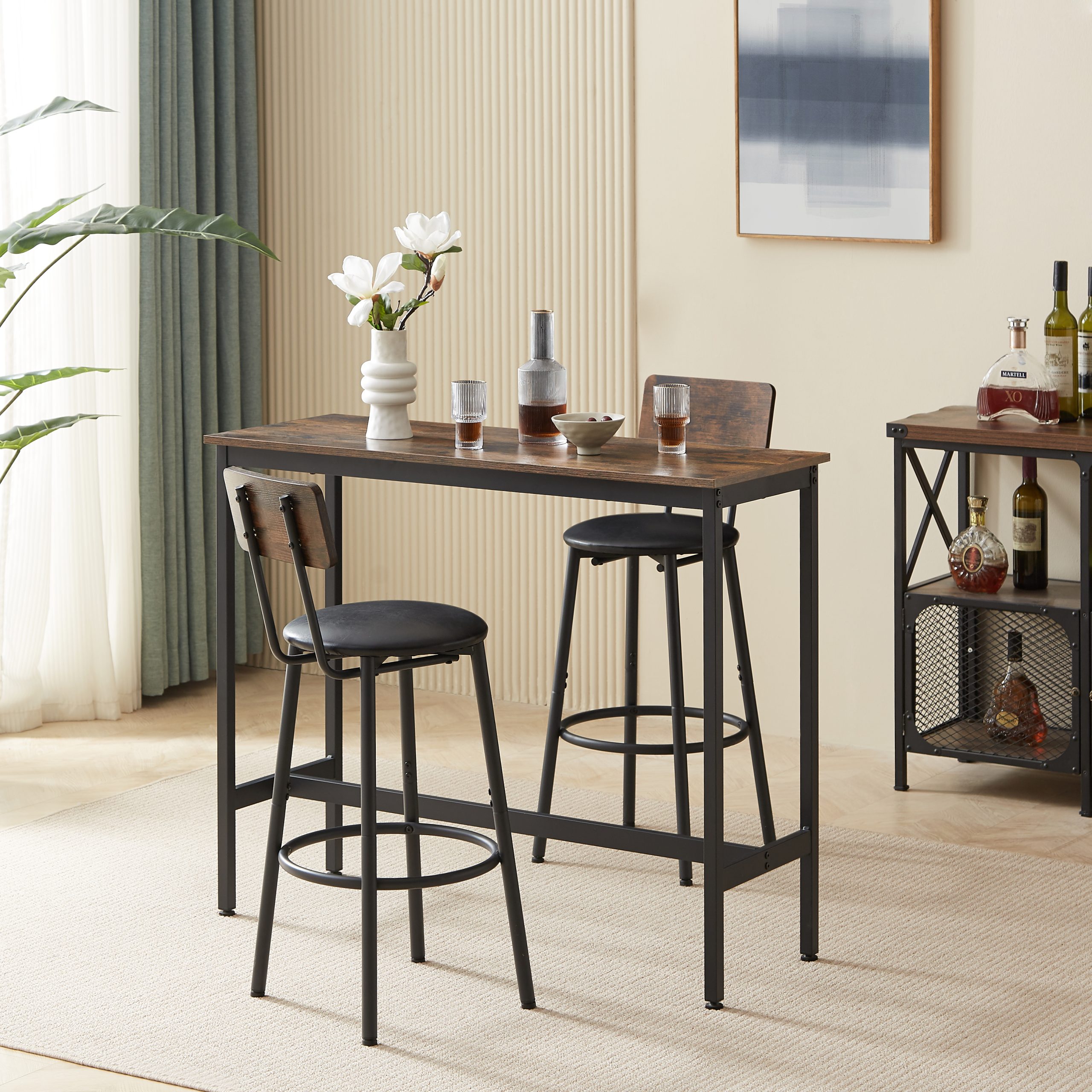 Bar Table Set with 2 Bar stools PU Soft seat with backrest, Rustic Brown, 43.31'' L x 15.75'' W x 35.43'' H. - Image 5