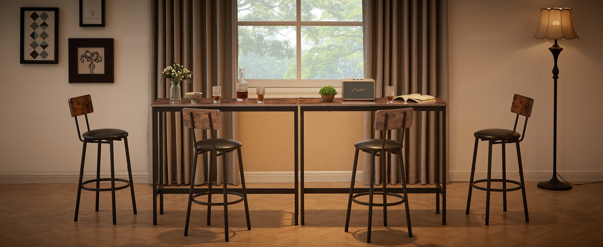 Bar Table Set with 2 Bar stools PU Soft seat with backrest, Rustic Brown, 43.31'' L x 15.75'' W x 35.43'' H. - Image 6