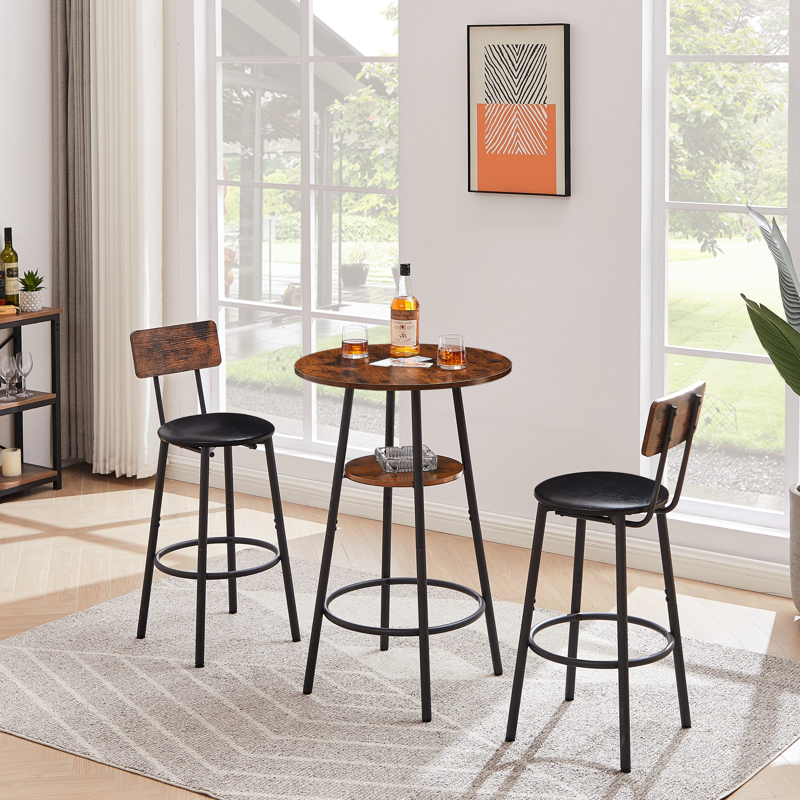 Round bar stool set with shelf, upholstered stool with backrest, Rustic Brown, 23.62'' W x 23.62'' D x 35.43'' H - Image 4