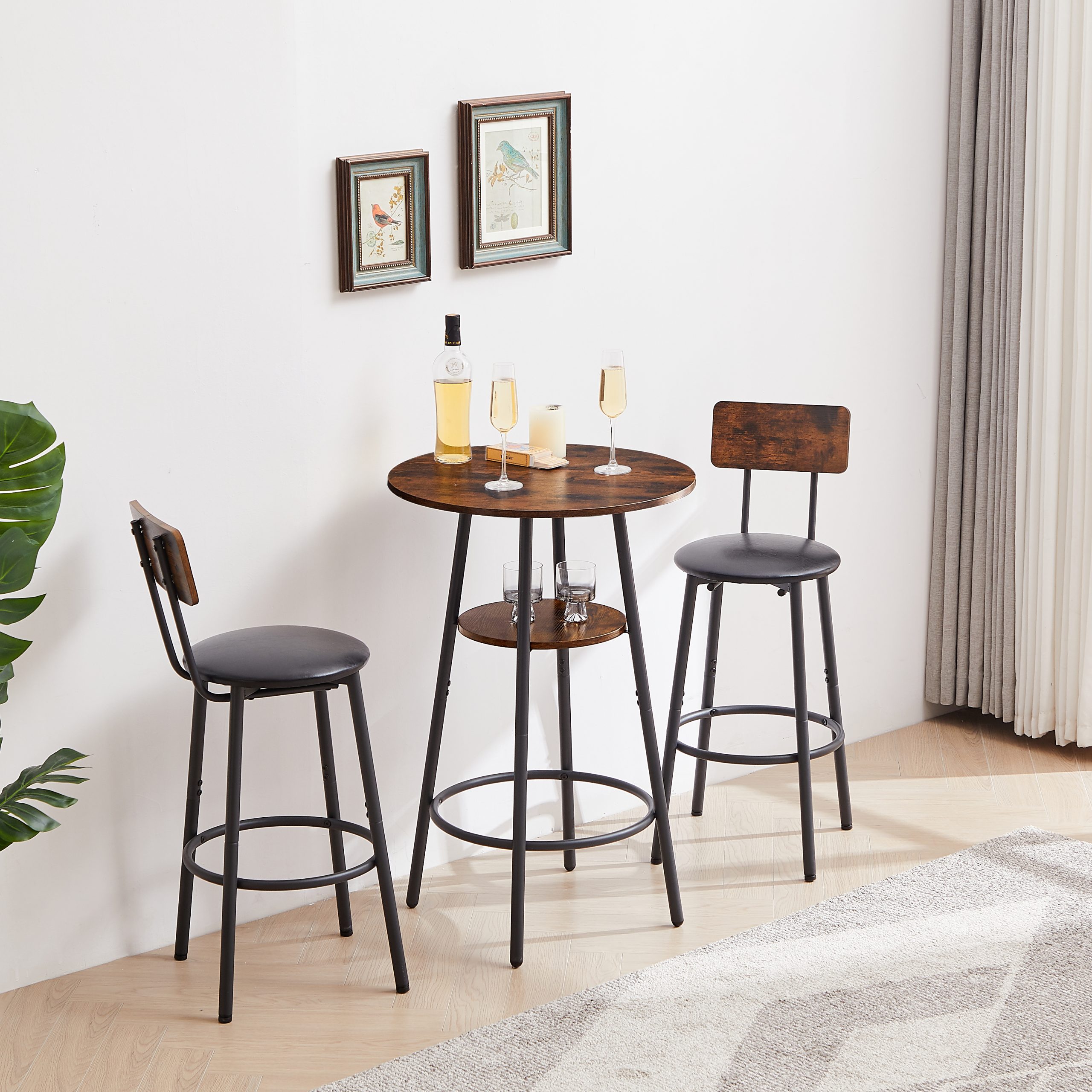 Round bar stool set with shelf, upholstered stool with backrest, Rustic Brown, 23.62'' W x 23.62'' D x 35.43'' H - Image 5