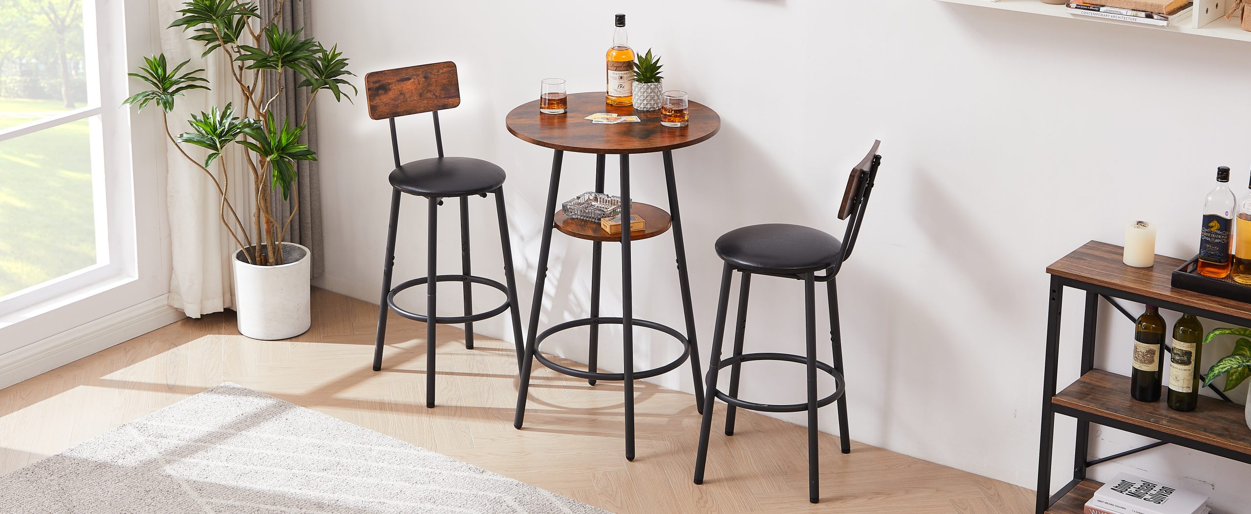 Round bar stool set with shelf, upholstered stool with backrest, Rustic Brown, 23.62'' W x 23.62'' D x 35.43'' H - Image 6