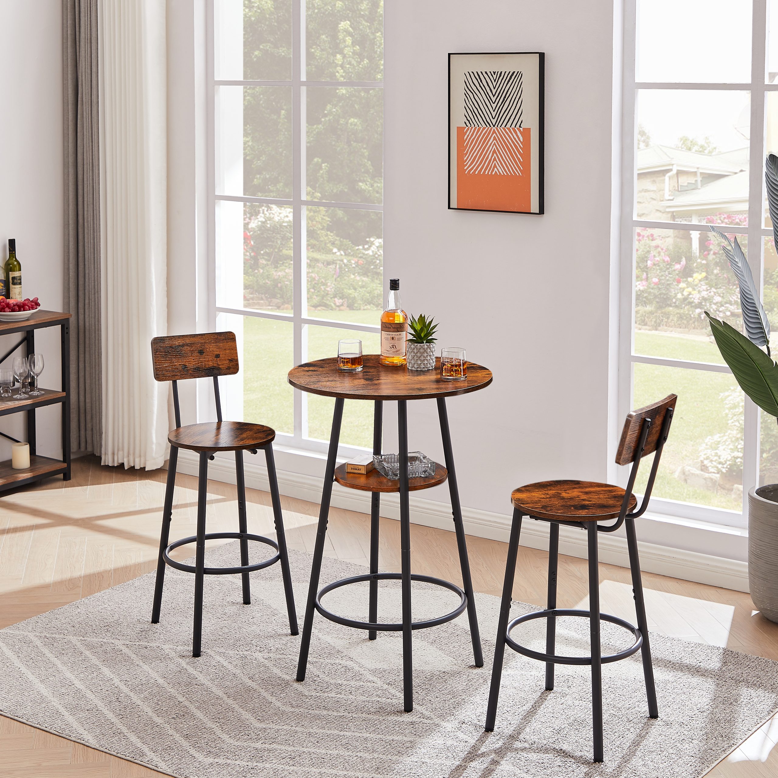 Round bar stool set with shelves, stool with backrest Rustic Brown, 23.6'' Dia x 35.4'' H - Image 5