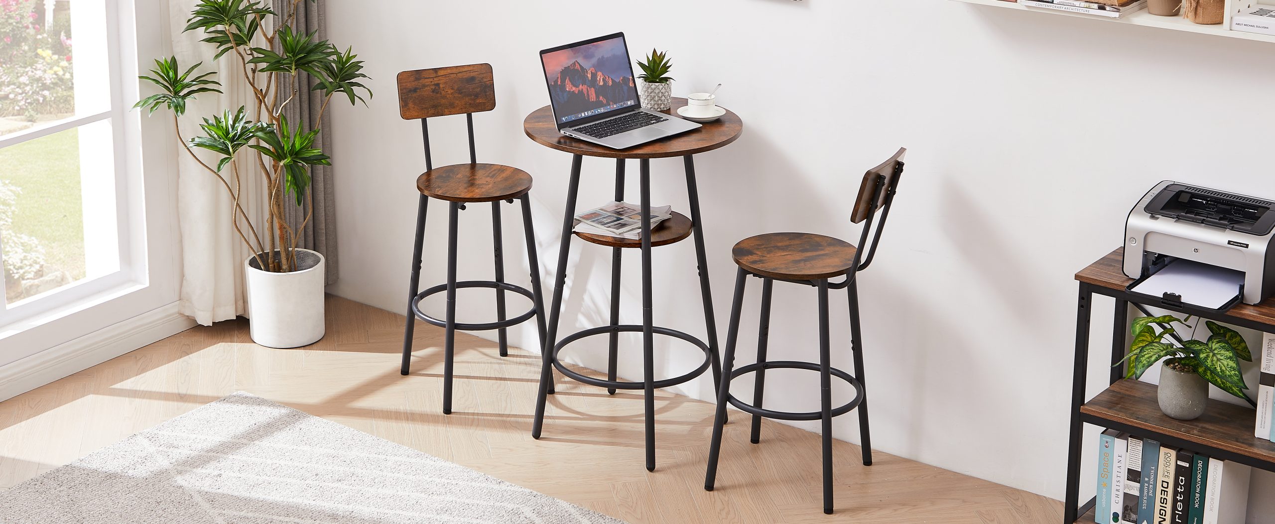 Round bar stool set with shelves, stool with backrest Rustic Brown, 23.6'' Dia x 35.4'' H - Image 6