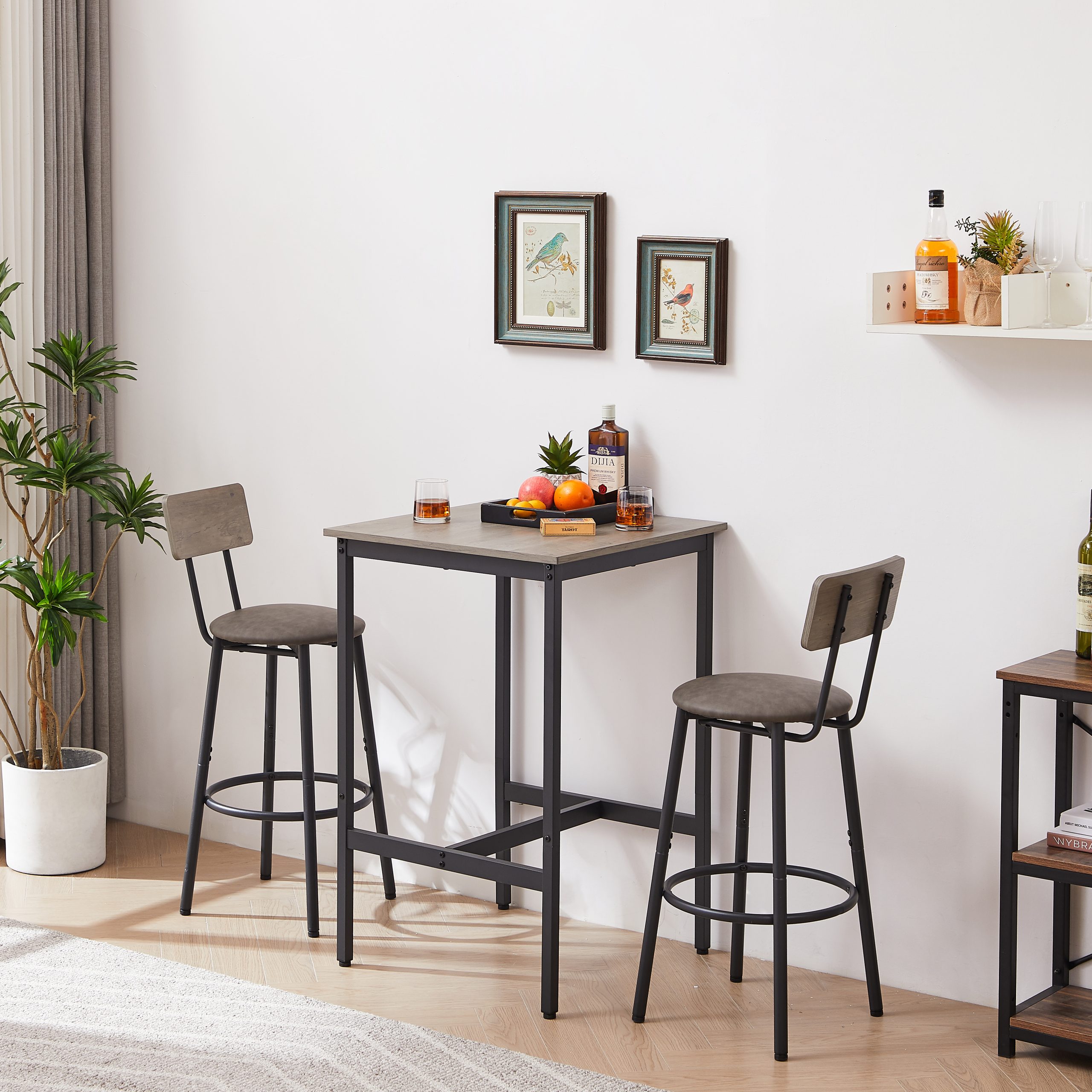 Bar Table Set with 2 Bar stools PU Soft seat with backrest, Grey, 23.62'' W x 23.62'' D x 35.43'' H - Image 4