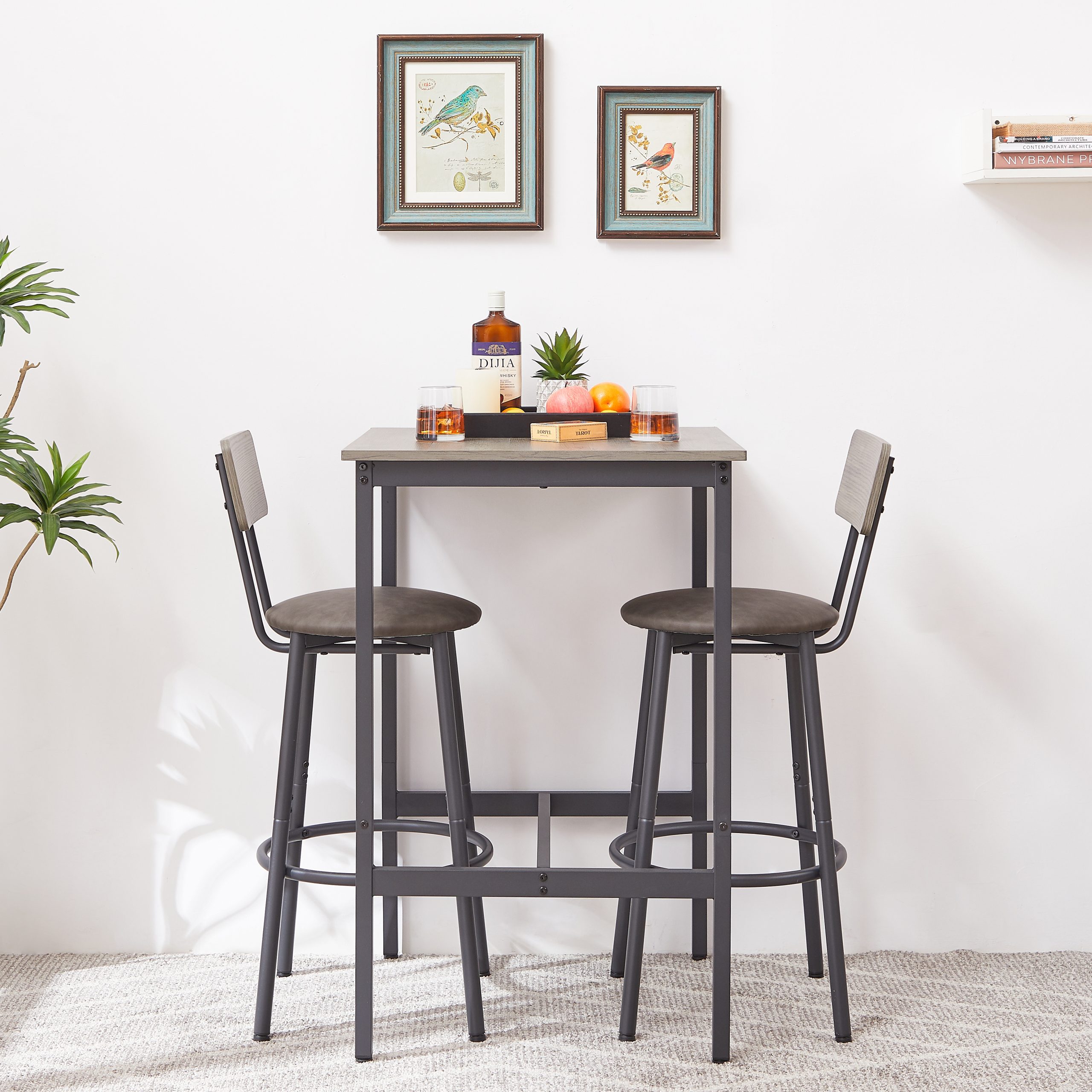 Bar Table Set with 2 Bar stools PU Soft seat with backrest, Grey, 23.62'' W x 23.62'' D x 35.43'' H - Image 5