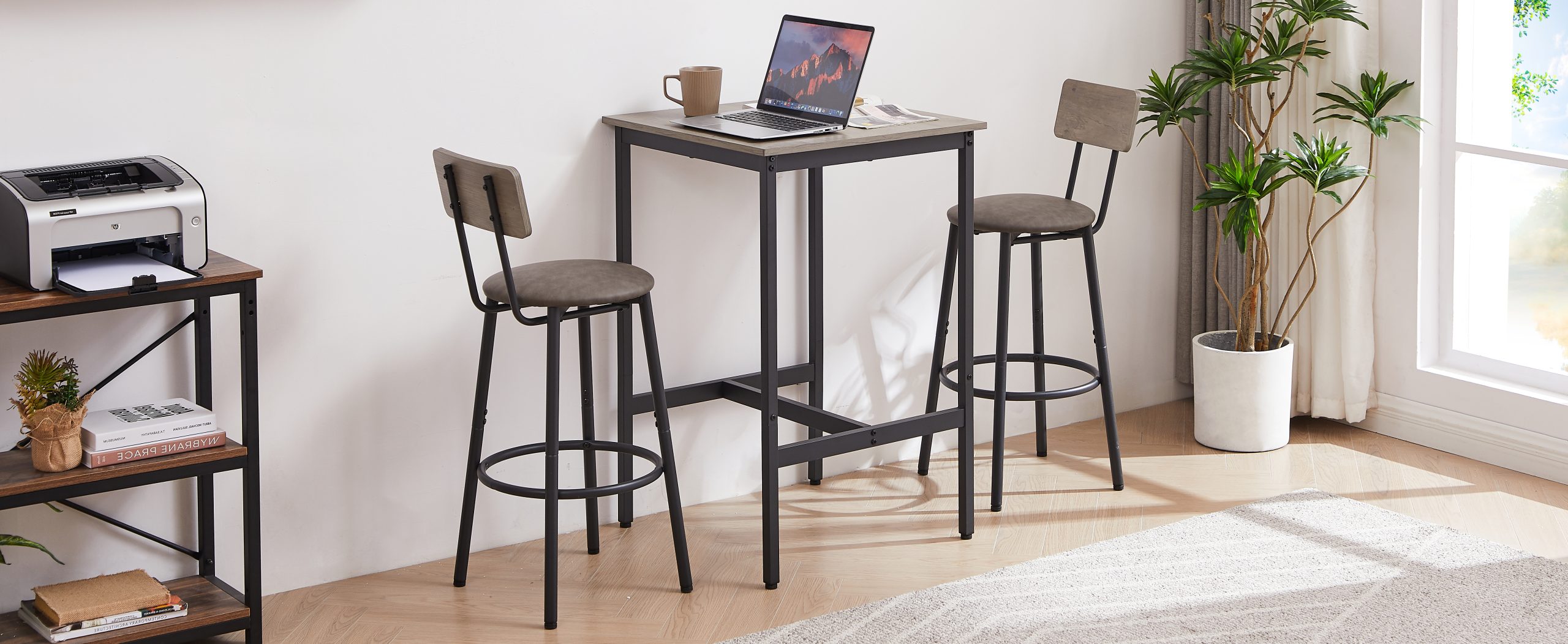 Bar Table Set with 2 Bar stools PU Soft seat with backrest, Grey, 23.62'' W x 23.62'' D x 35.43'' H - Image 6