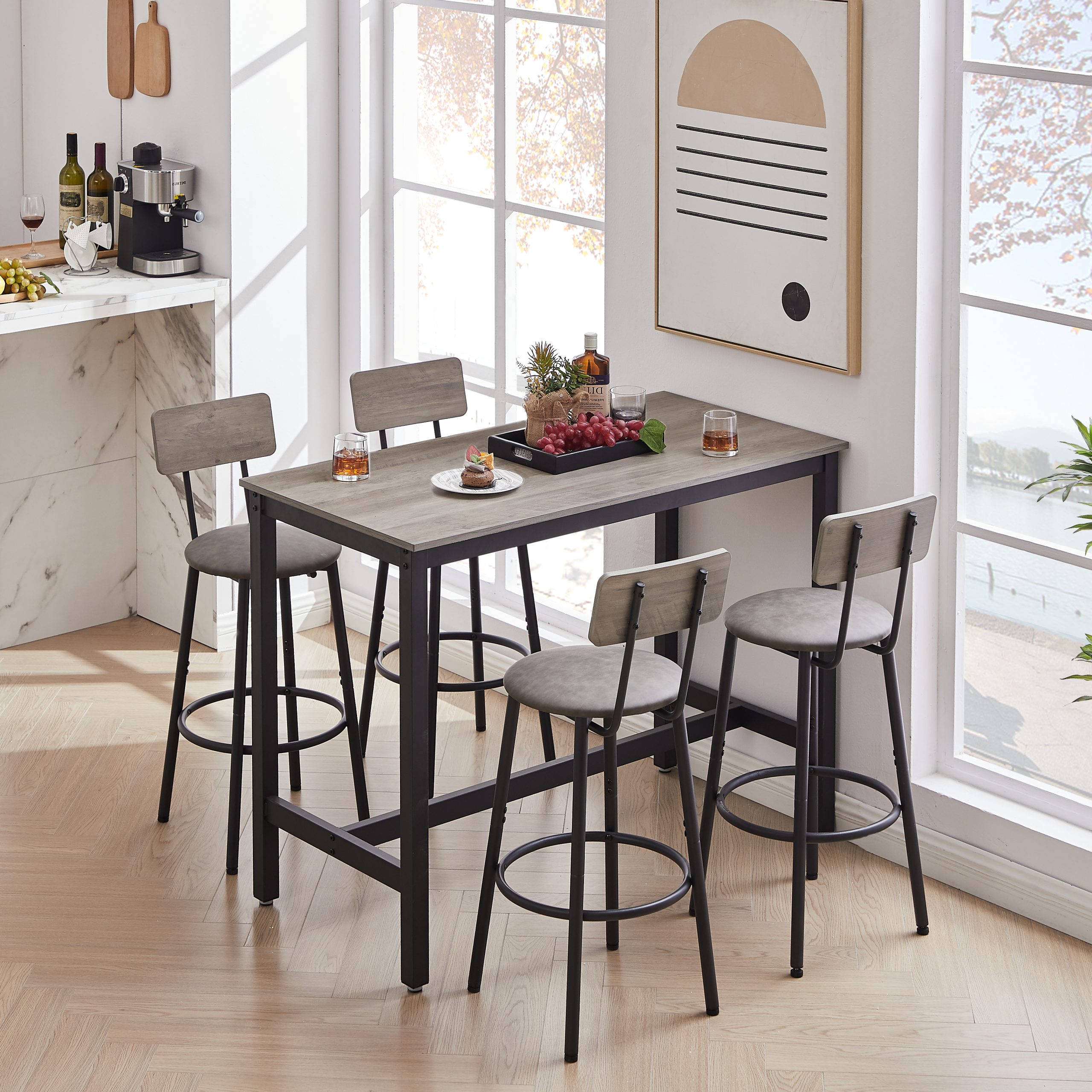 Bar Table Set with 4 Bar stools PU Soft seat with backrest, Grey, 47.24'' L x 23.62'' W x 35.43'' H - Image 4