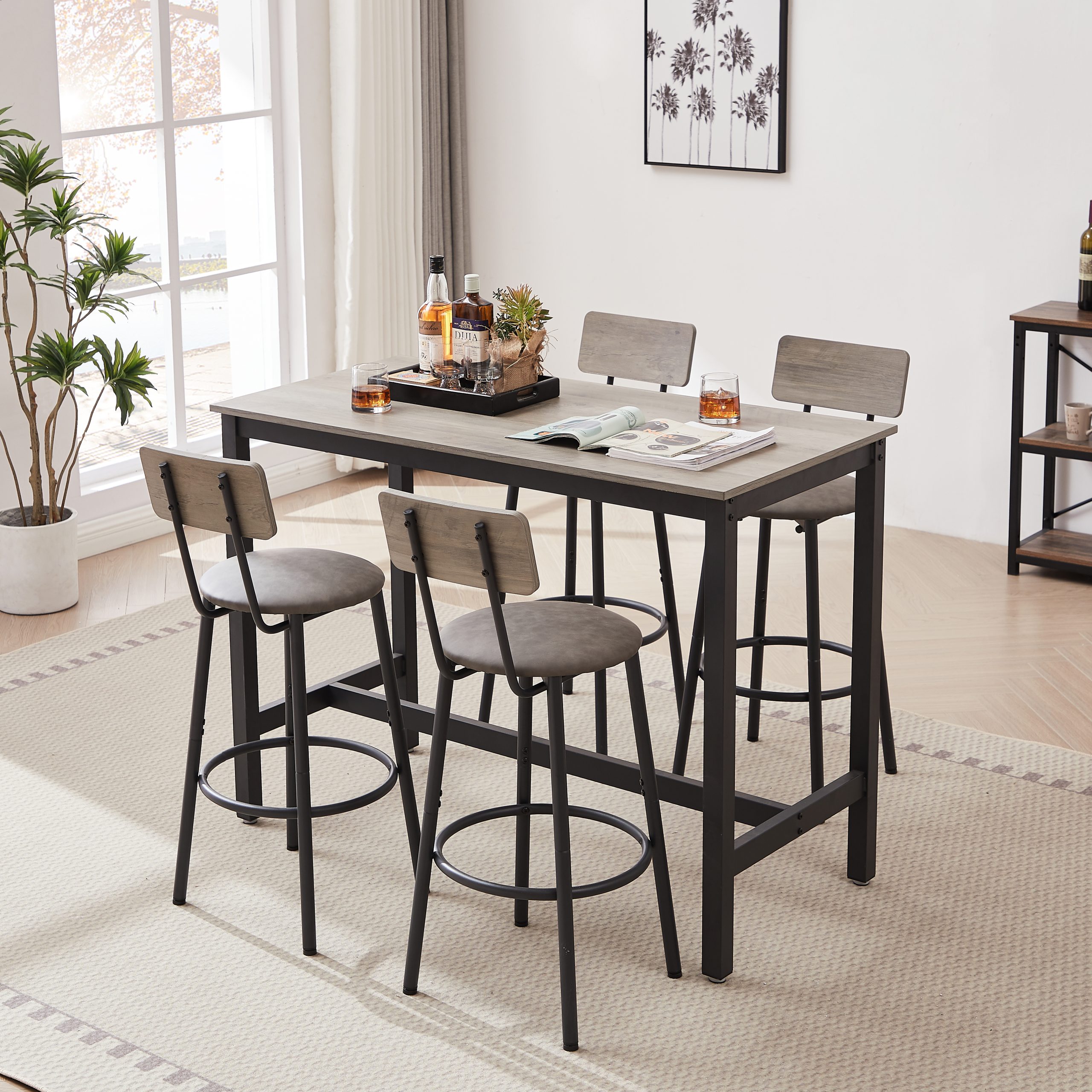 Bar Table Set with 4 Bar stools PU Soft seat with backrest, Grey, 47.24'' L x 23.62'' W x 35.43'' H - Image 5