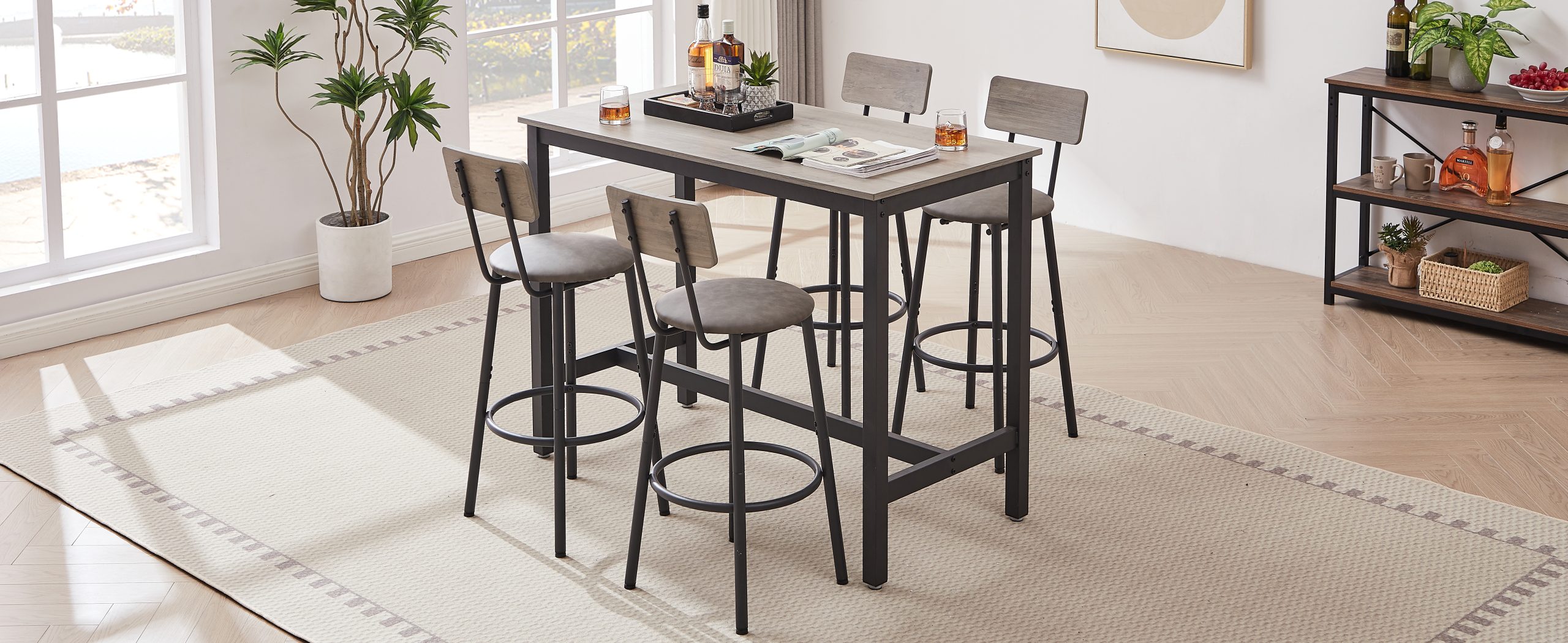 Bar Table Set with 4 Bar stools PU Soft seat with backrest, Grey, 47.24'' L x 23.62'' W x 35.43'' H - Image 6