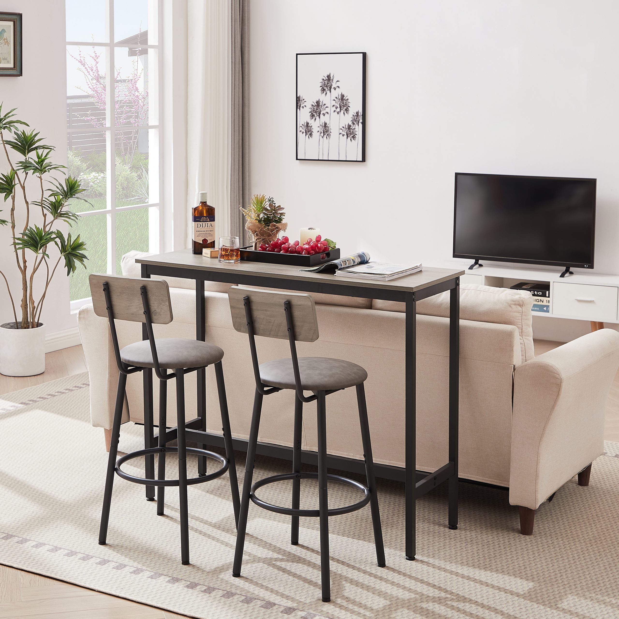 Bar Table Set with 2 Bar stools PU Soft seat with backrest, Grey, 43.31'' L x 15.75'' W x 35.43'' H. - Image 4