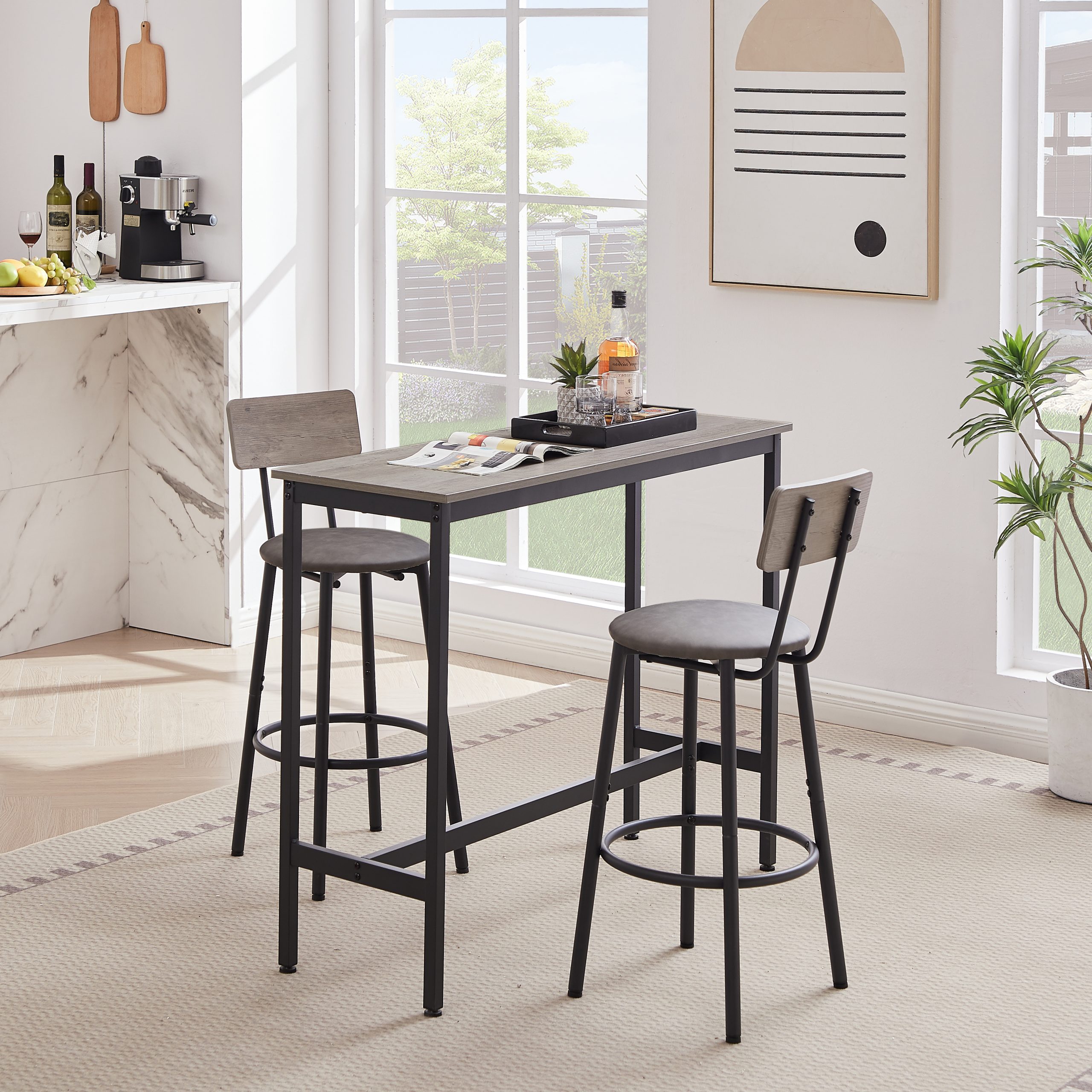 Bar Table Set with 2 Bar stools PU Soft seat with backrest, Grey, 43.31'' L x 15.75'' W x 35.43'' H. - Image 5