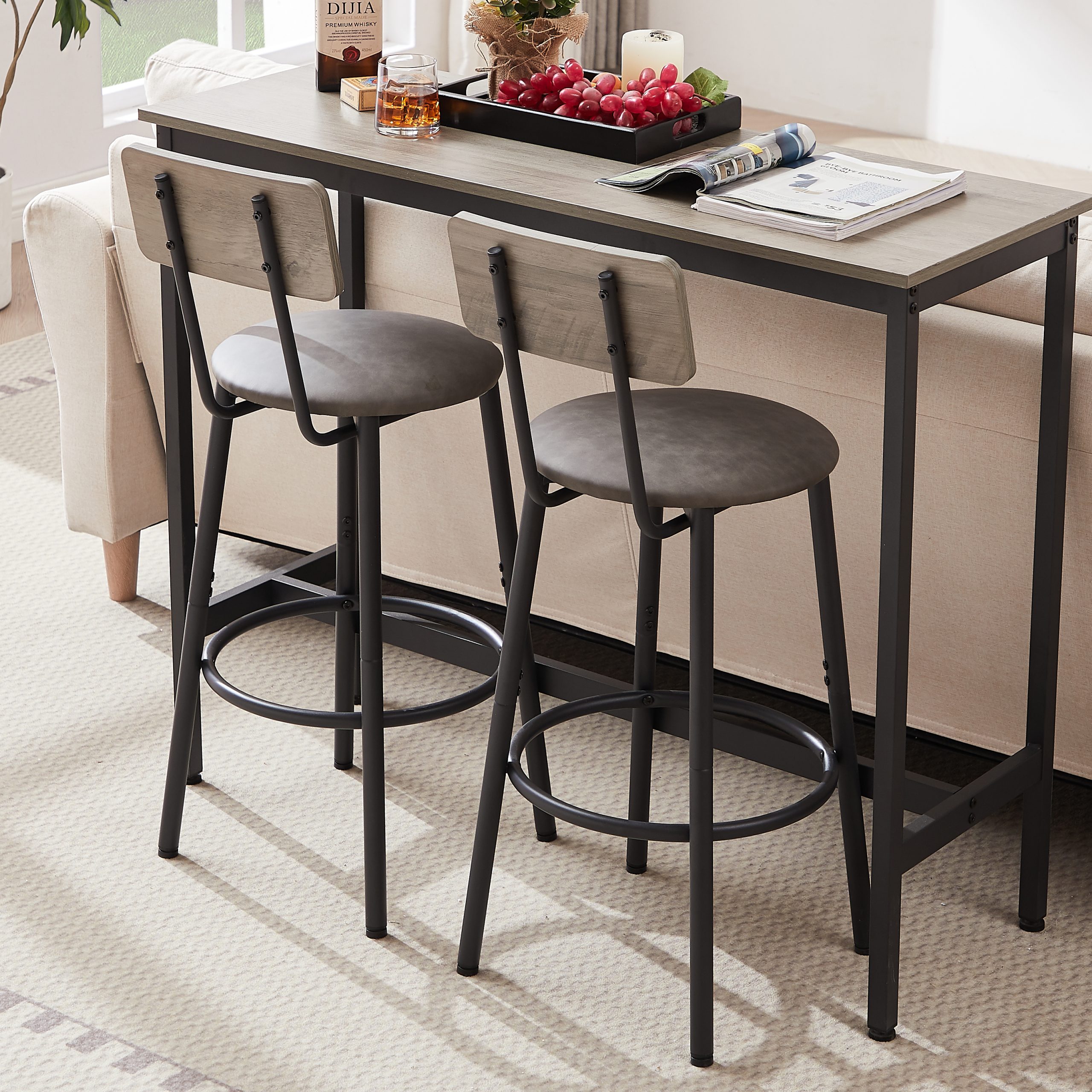 Bar Table Set with 2 Bar stools PU Soft seat with backrest, Grey, 43.31'' L x 15.75'' W x 35.43'' H. - Image 6