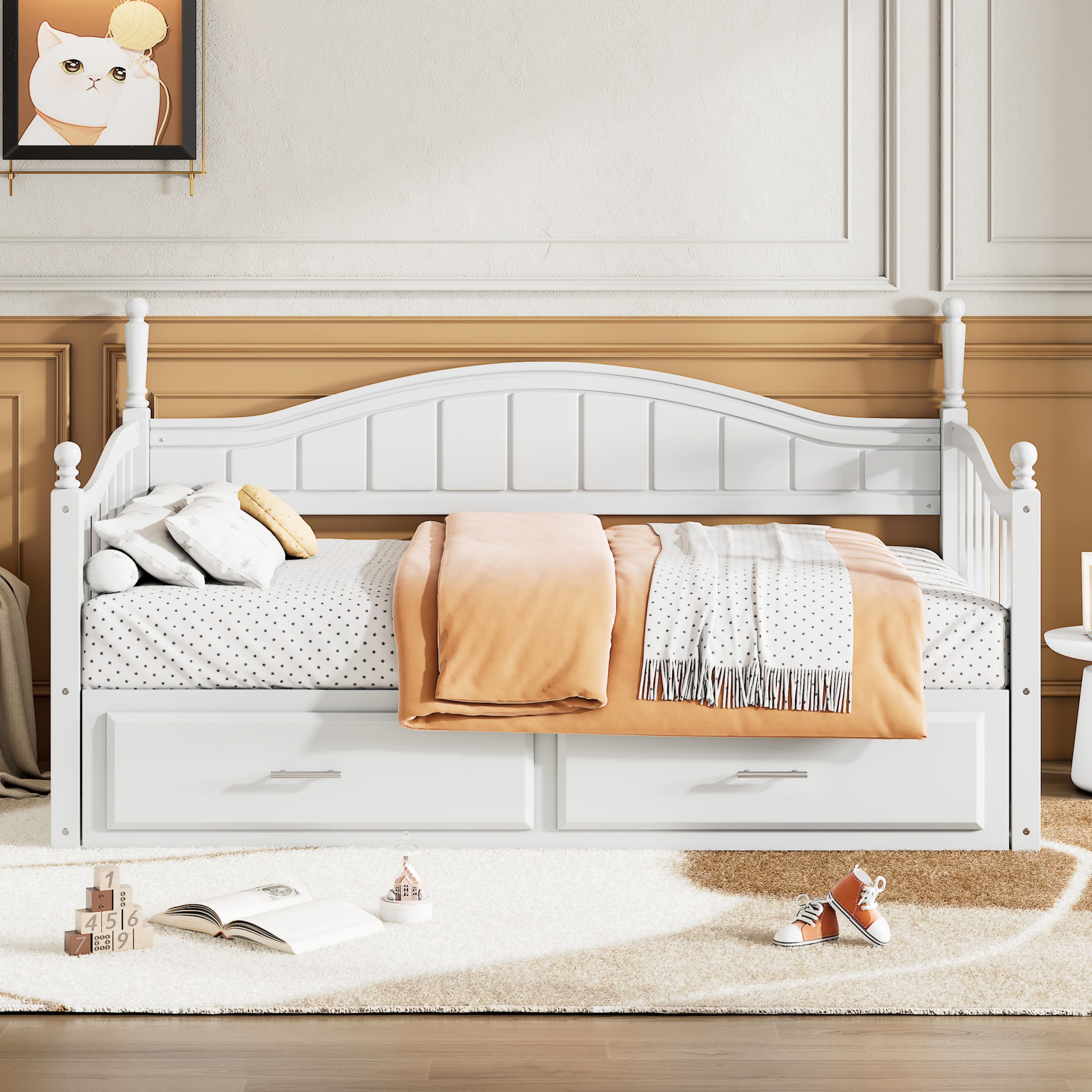 Wooden Twin Size Daybed with Twin Size Trundle, Extendable Daybed with Two Storage Drawers,White(Expected Arrival Time:9.12) - Image 2
