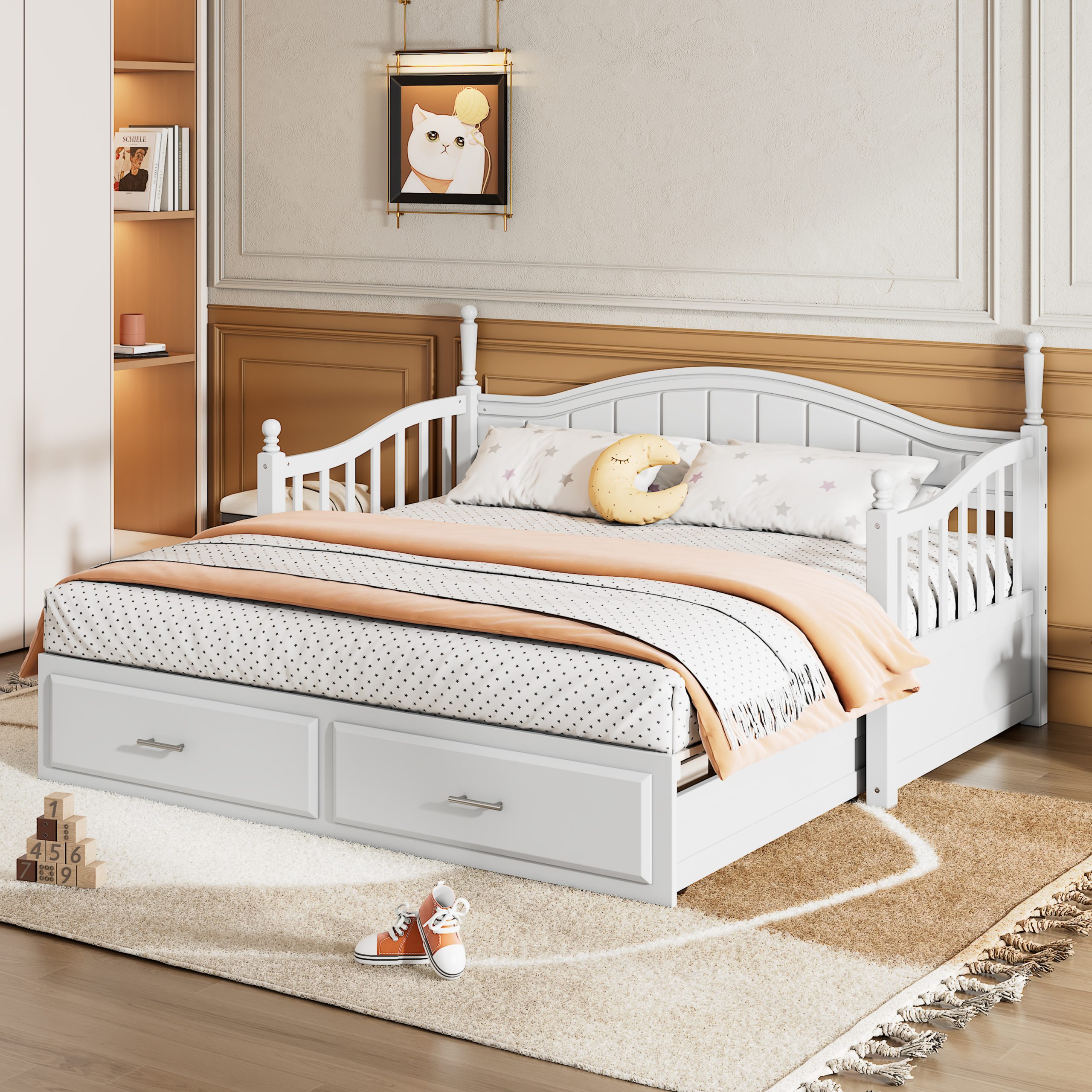 Wooden Twin Size Daybed with Twin Size Trundle, Extendable Daybed with Two Storage Drawers,White(Expected Arrival Time:9.12) - Image 3