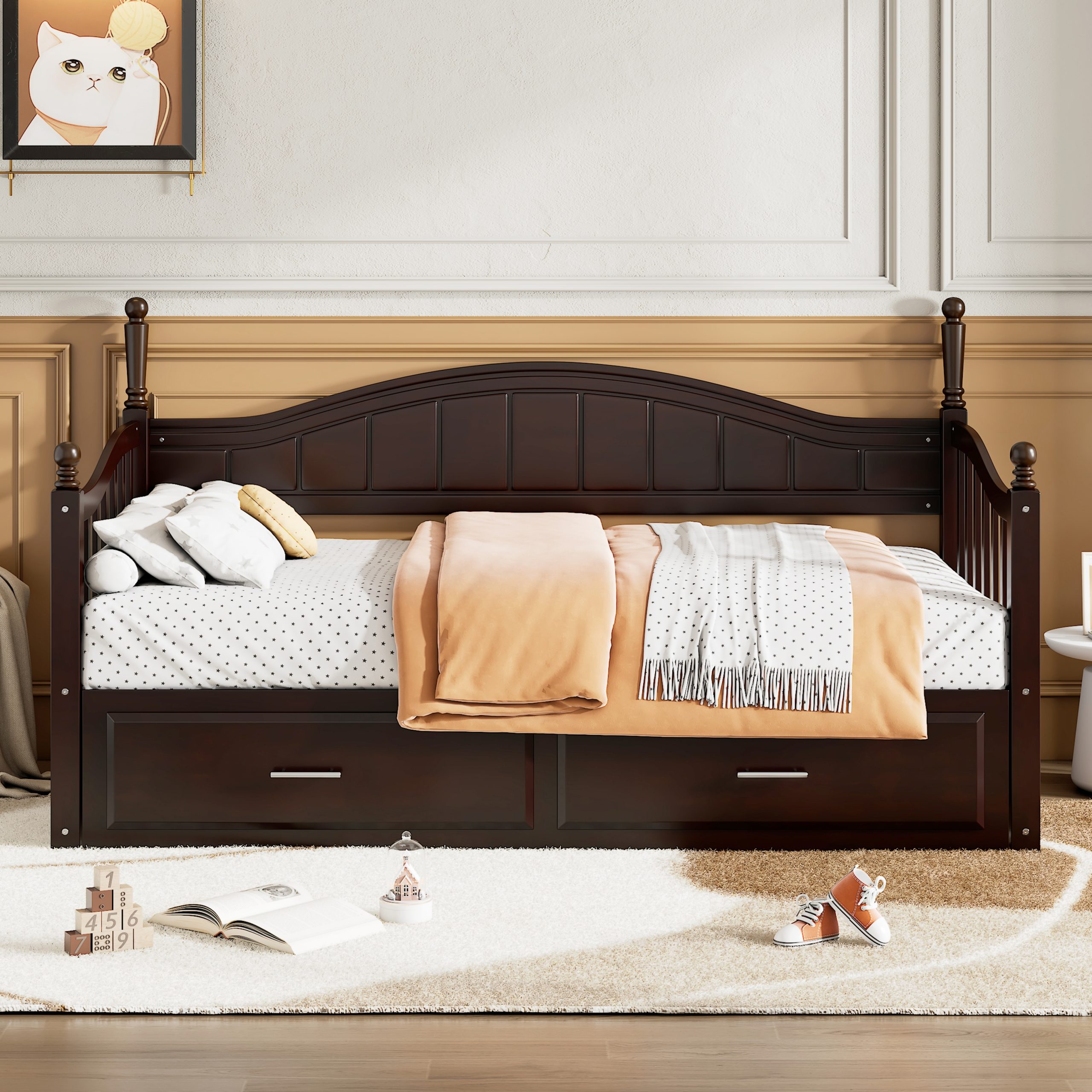 Wooden Twin Size Daybed with Twin Size Trundle, Extendable Daybed with Two Storage Drawers, Espresso(Expected Arrival Time:9.12) - Image 2