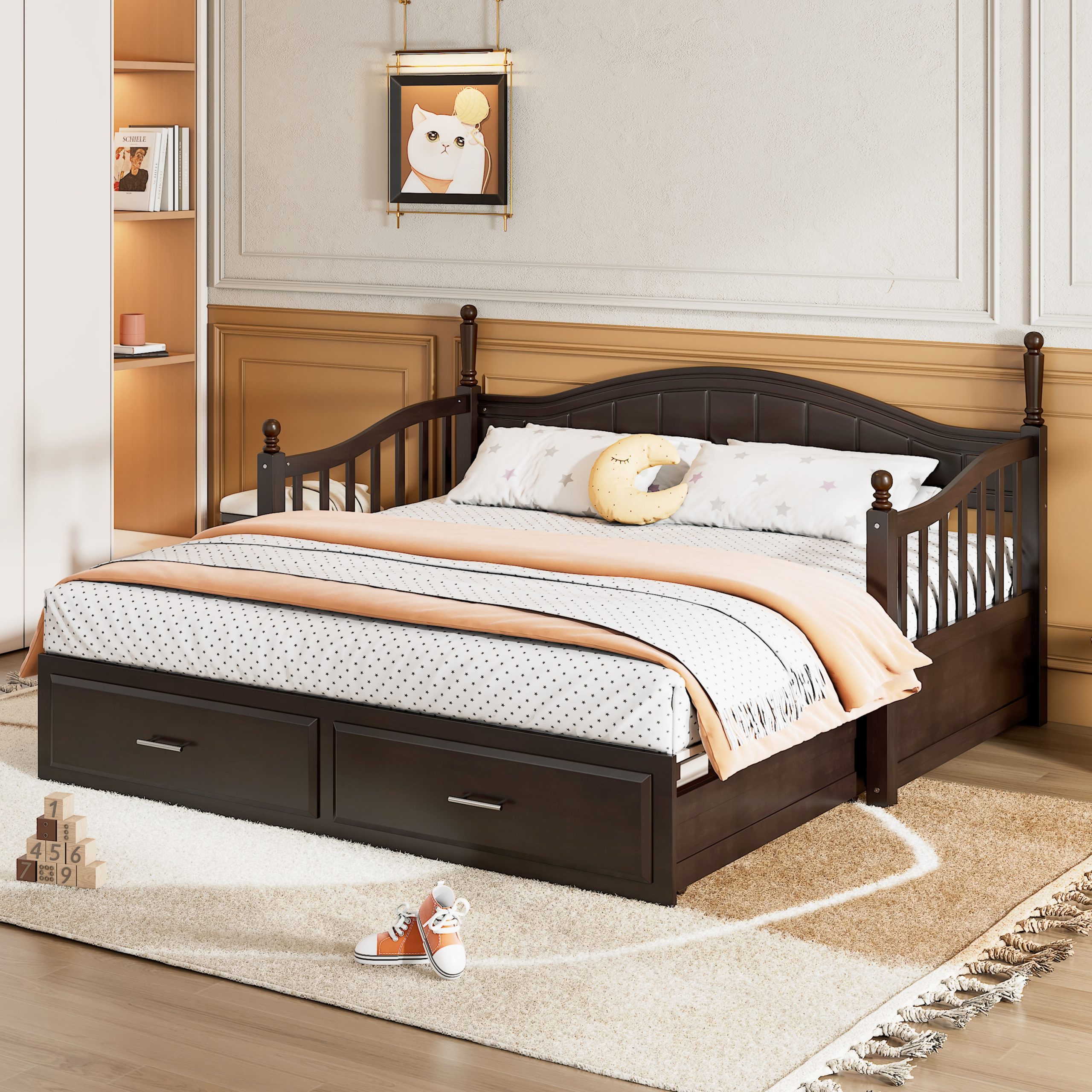 Wooden Twin Size Daybed with Twin Size Trundle, Extendable Daybed with Two Storage Drawers, Espresso(Expected Arrival Time:9.12) - Image 3