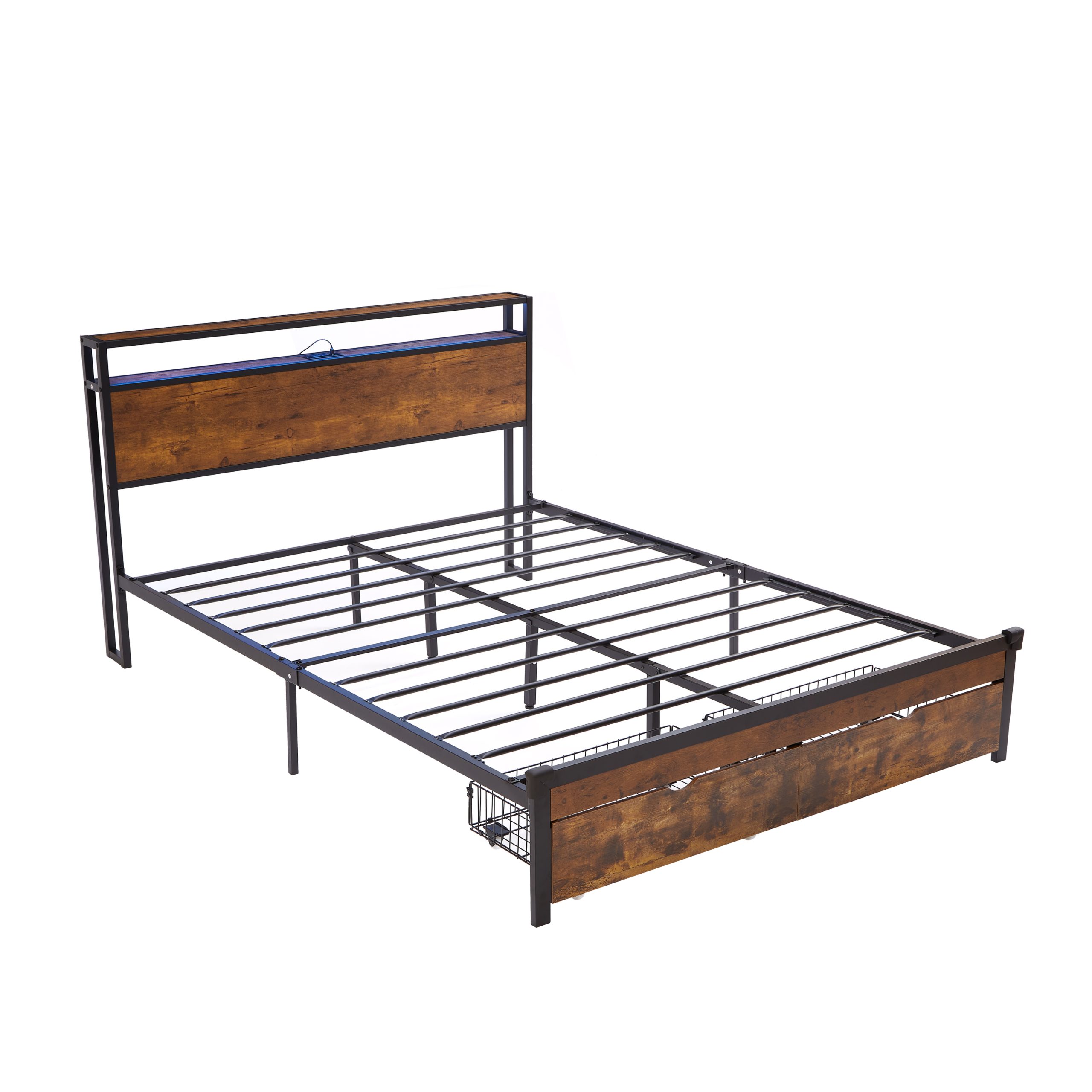 Full Size Metal Platform Bed Frame with Wooden Headboard and Footboard with USB,Charging Station,2 Drawers,LED Lights, No Box Spring Needed, Easy Assemble - Image 6