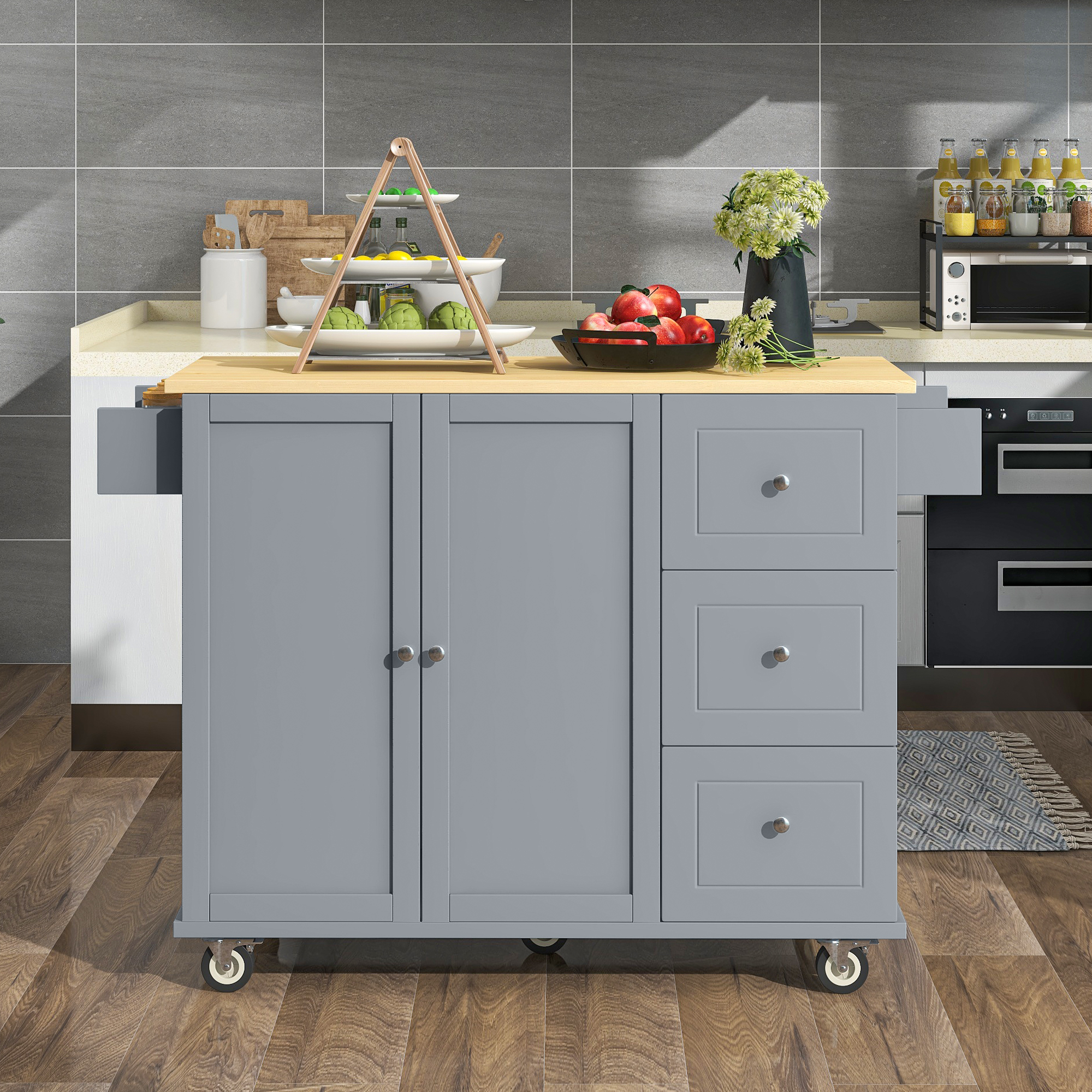 Rolling Mobile Kitchen Island with Solid Wood Top and Locking Wheels,52.7 Inch Width,Storage Cabinet and Drop Leaf Breakfast Bar,Spice Rack, Towel Rack & Drawer (Grey Blue) - Image 2