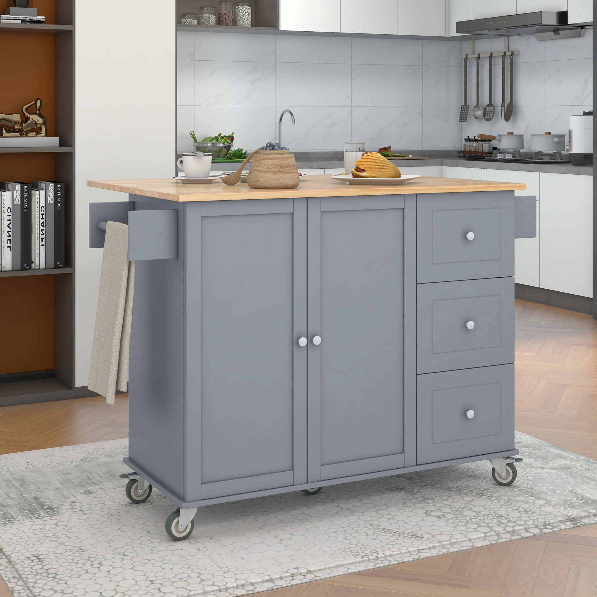 Rolling Mobile Kitchen Island with Solid Wood Top and Locking Wheels,52.7 Inch Width,Storage Cabinet and Drop Leaf Breakfast Bar,Spice Rack, Towel Rack & Drawer (Grey Blue) - Image 3