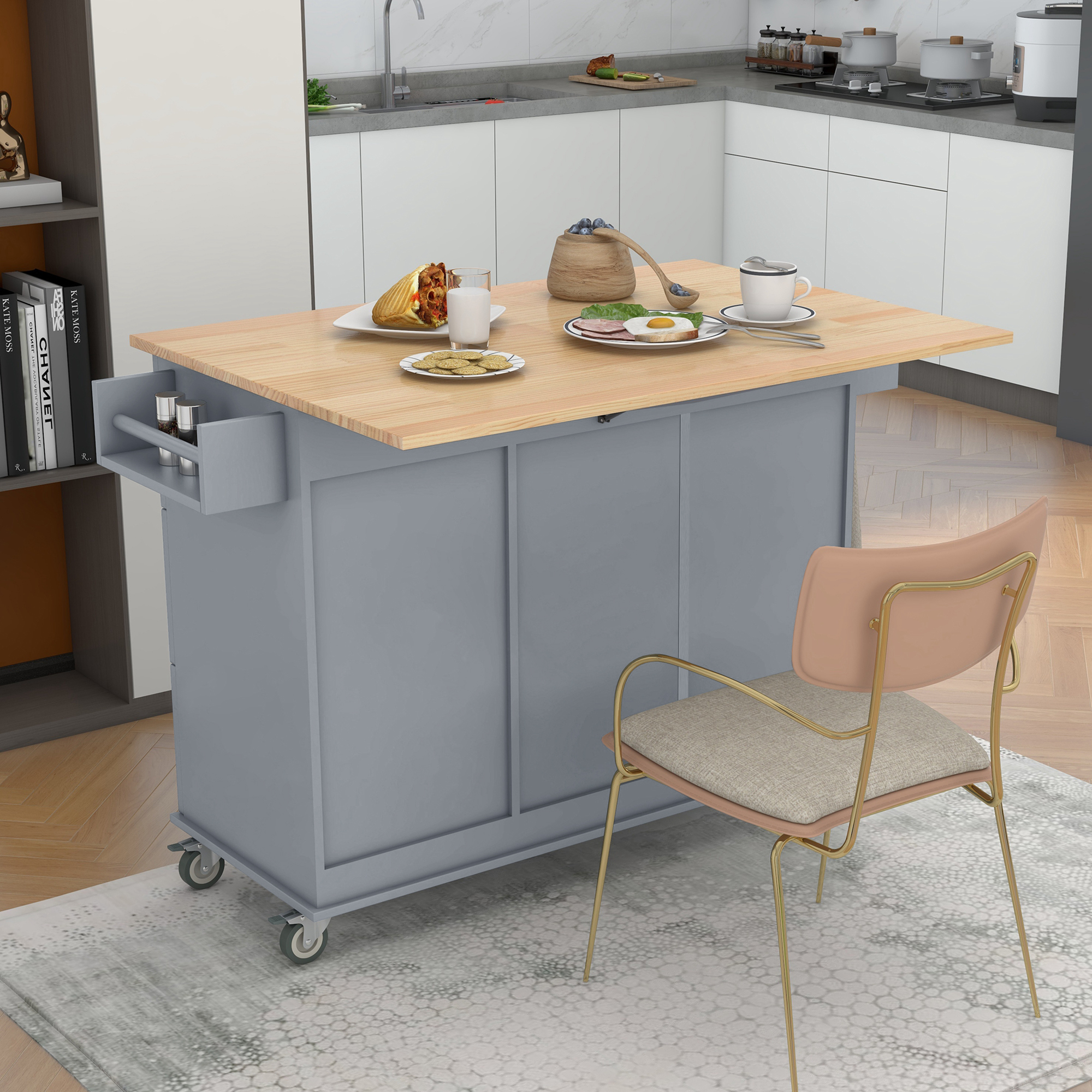 Rolling Mobile Kitchen Island with Solid Wood Top and Locking Wheels,52.7 Inch Width,Storage Cabinet and Drop Leaf Breakfast Bar,Spice Rack, Towel Rack & Drawer (Grey Blue) - Image 4