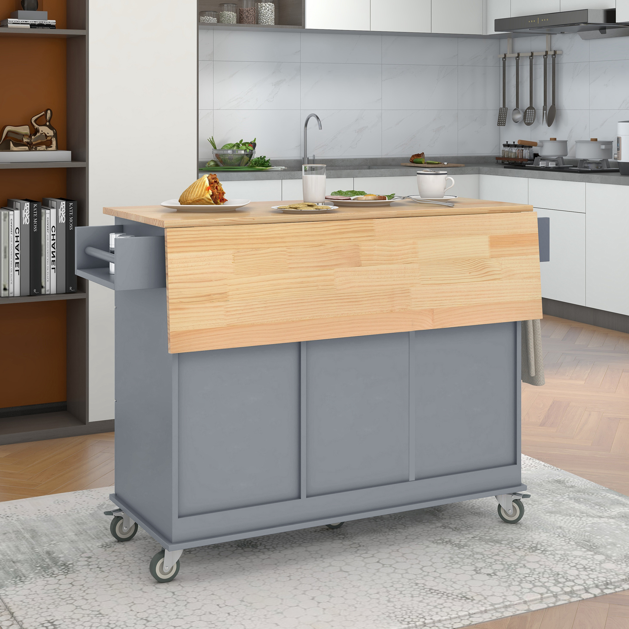 Rolling Mobile Kitchen Island with Solid Wood Top and Locking Wheels,52.7 Inch Width,Storage Cabinet and Drop Leaf Breakfast Bar,Spice Rack, Towel Rack & Drawer (Grey Blue) - Image 5