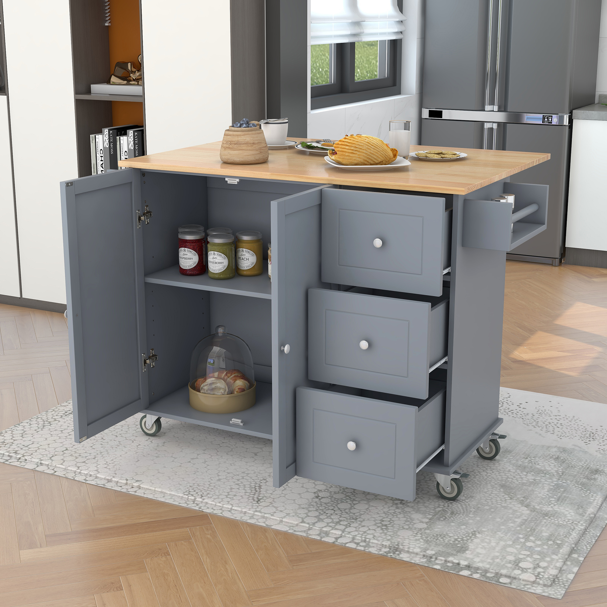 Rolling Mobile Kitchen Island with Solid Wood Top and Locking Wheels,52.7 Inch Width,Storage Cabinet and Drop Leaf Breakfast Bar,Spice Rack, Towel Rack & Drawer (Grey Blue) - Image 6
