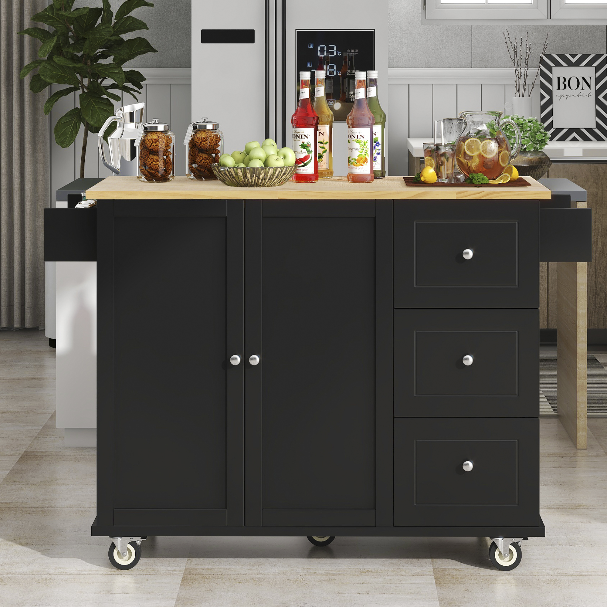 Rolling Mobile Kitchen Island with Solid Wood Top and Locking Wheels,52.7 Inch Width,Storage Cabinet and Drop Leaf Breakfast Bar,Spice Rack, Towel Rack & Drawer (Black) - Image 2