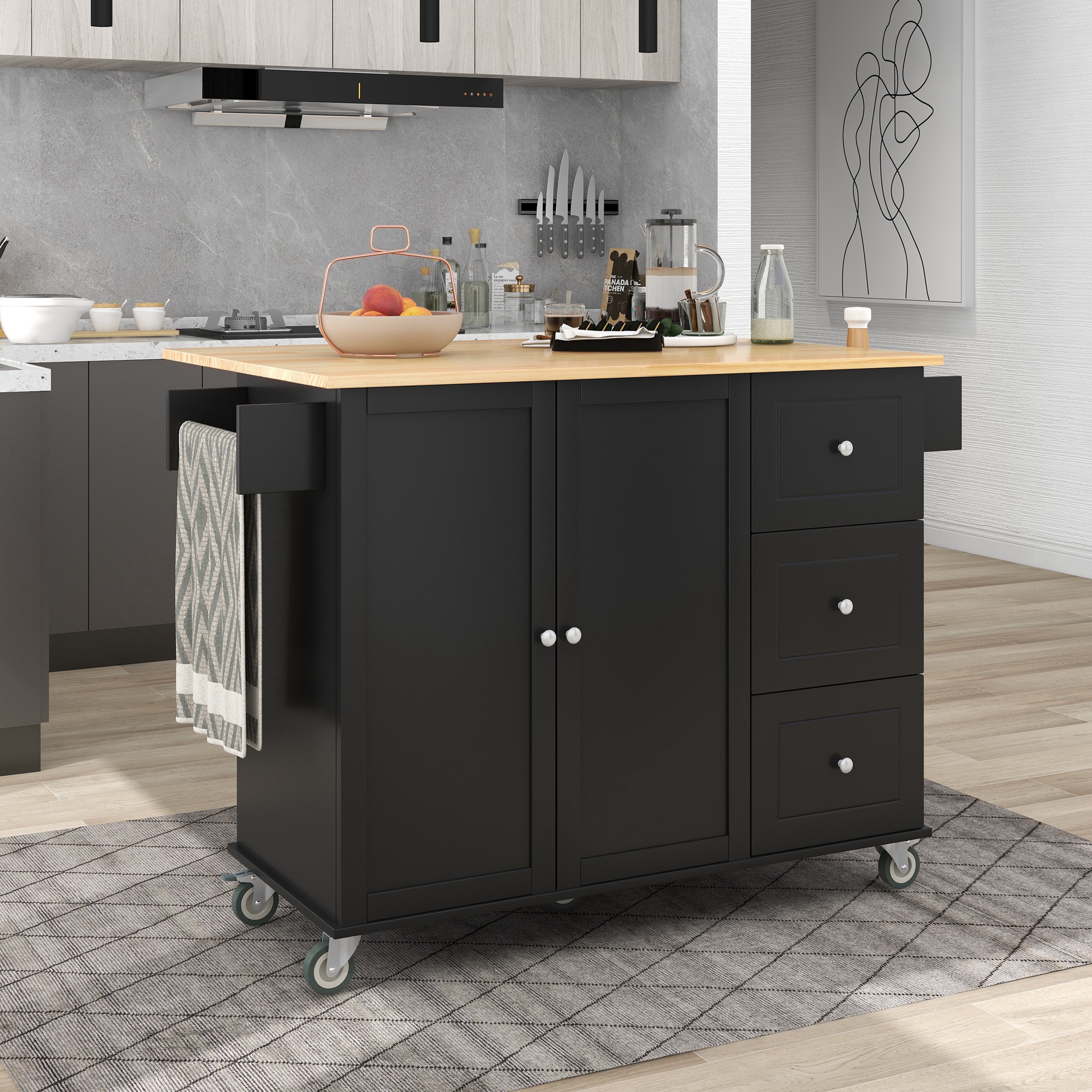 Rolling Mobile Kitchen Island with Solid Wood Top and Locking Wheels,52.7 Inch Width,Storage Cabinet and Drop Leaf Breakfast Bar,Spice Rack, Towel Rack & Drawer (Black) - Image 3