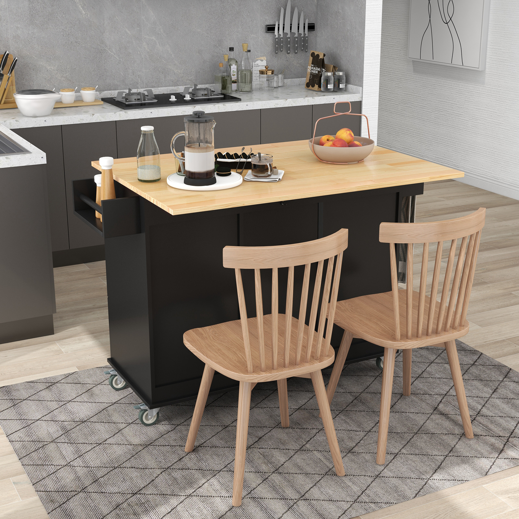 Rolling Mobile Kitchen Island with Solid Wood Top and Locking Wheels,52.7 Inch Width,Storage Cabinet and Drop Leaf Breakfast Bar,Spice Rack, Towel Rack & Drawer (Black) - Image 4