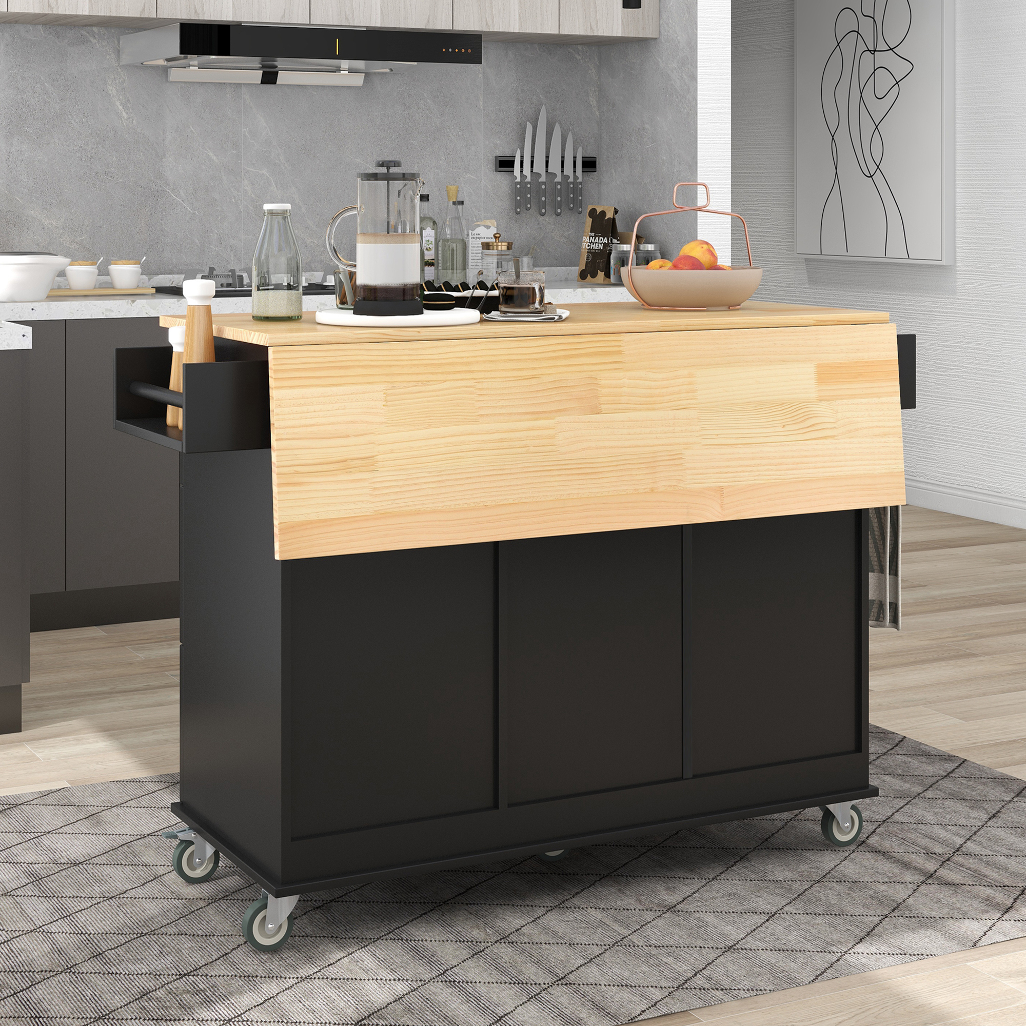 Rolling Mobile Kitchen Island with Solid Wood Top and Locking Wheels,52.7 Inch Width,Storage Cabinet and Drop Leaf Breakfast Bar,Spice Rack, Towel Rack & Drawer (Black) - Image 5