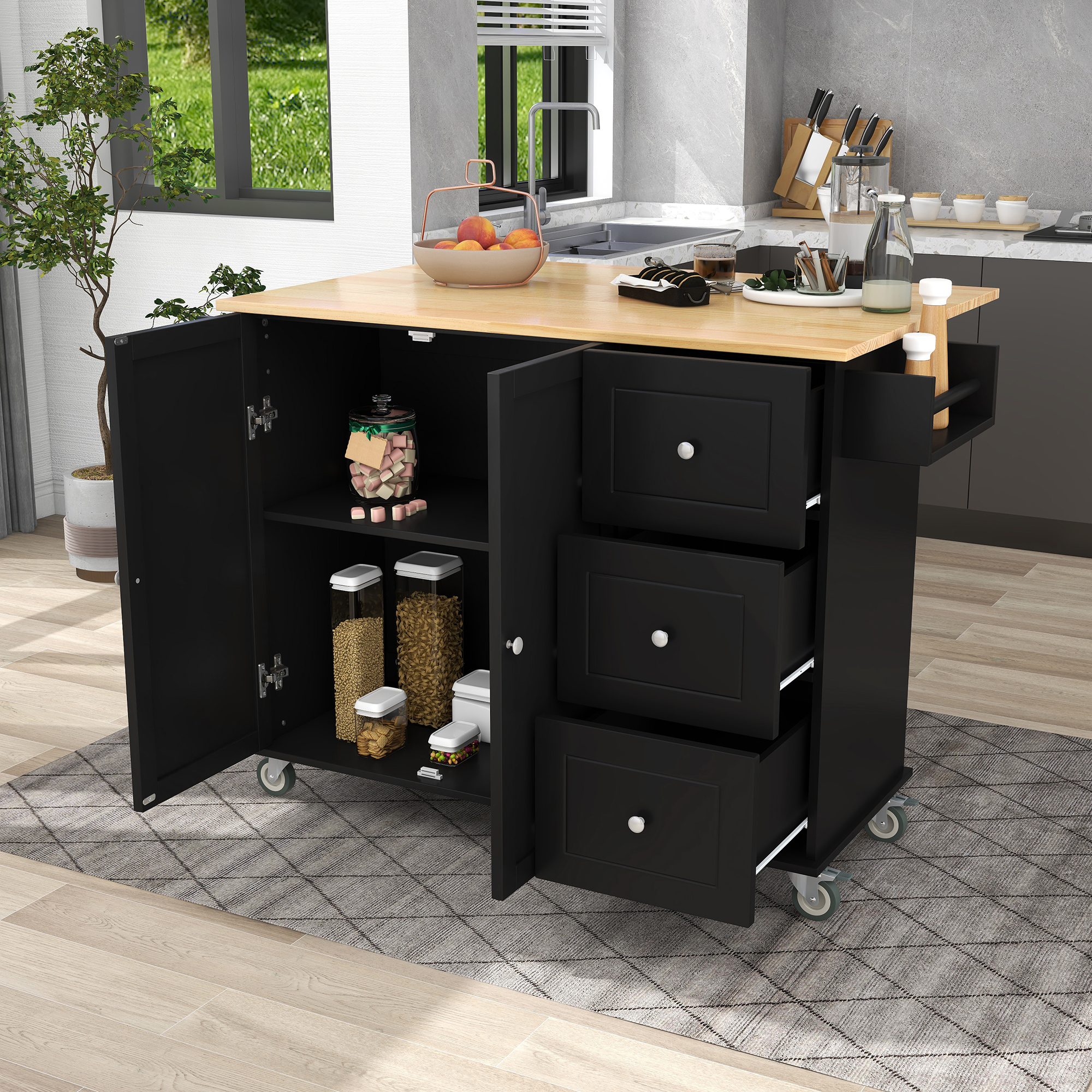 Rolling Mobile Kitchen Island with Solid Wood Top and Locking Wheels,52.7 Inch Width,Storage Cabinet and Drop Leaf Breakfast Bar,Spice Rack, Towel Rack & Drawer (Black) - Image 6