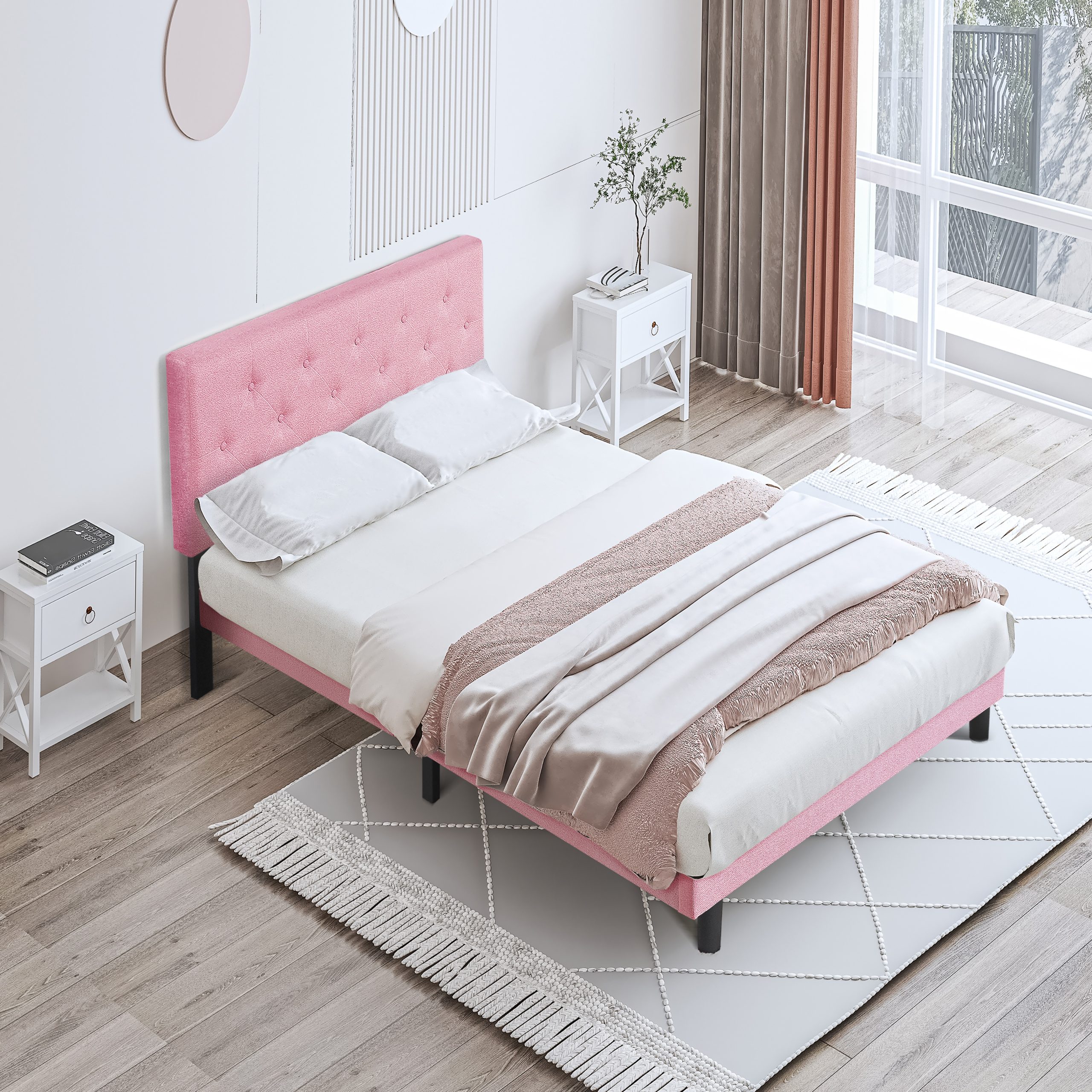 Full Size Upholstered Platform Bed Frame with Modern Button Tufted Linen Fabric Headboard, No Box Spring Needed, Wood Slat Support, Easy Assembly, pink - Image 2