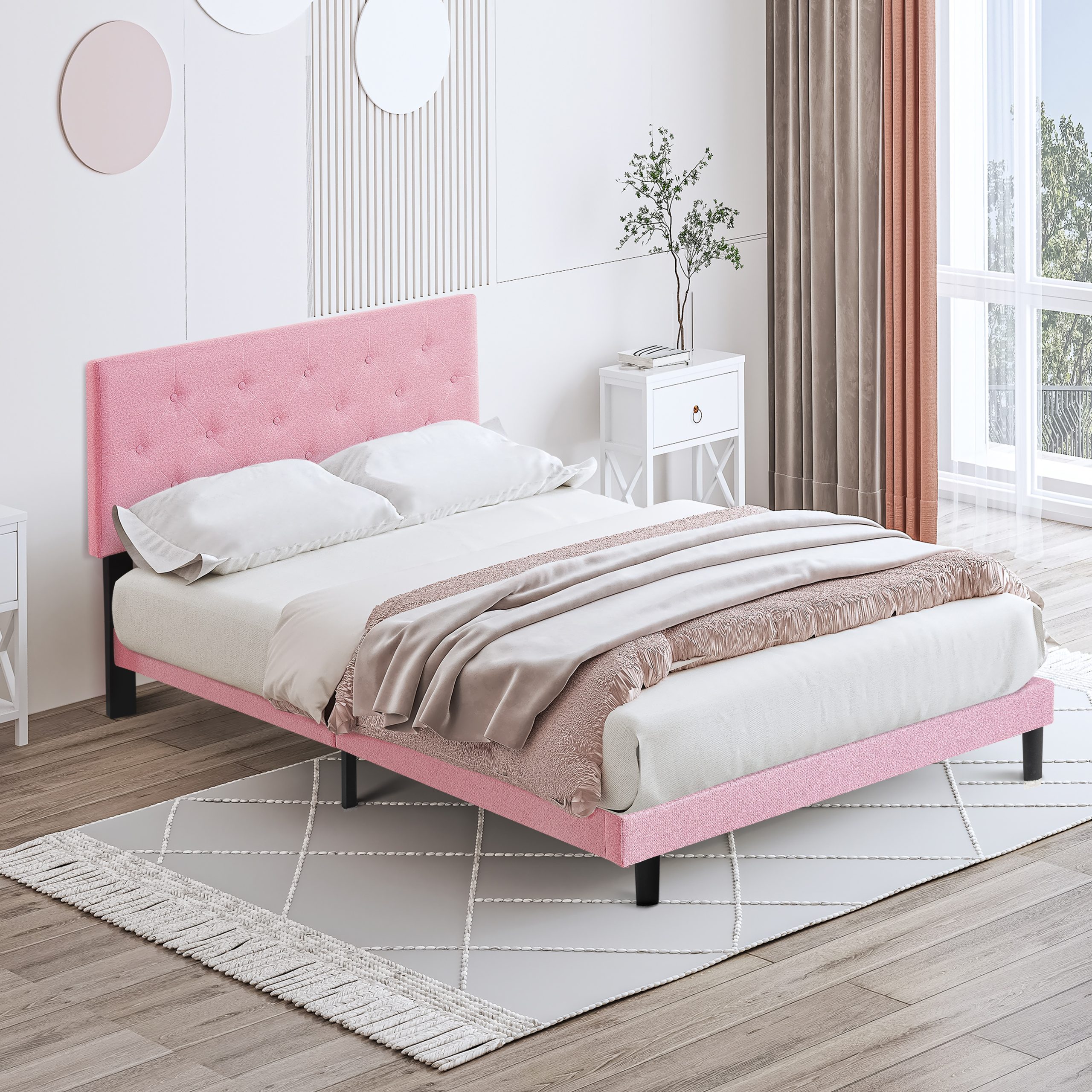 Full Size Upholstered Platform Bed Frame with Modern Button Tufted Linen Fabric Headboard, No Box Spring Needed, Wood Slat Support, Easy Assembly, pink - Image 3