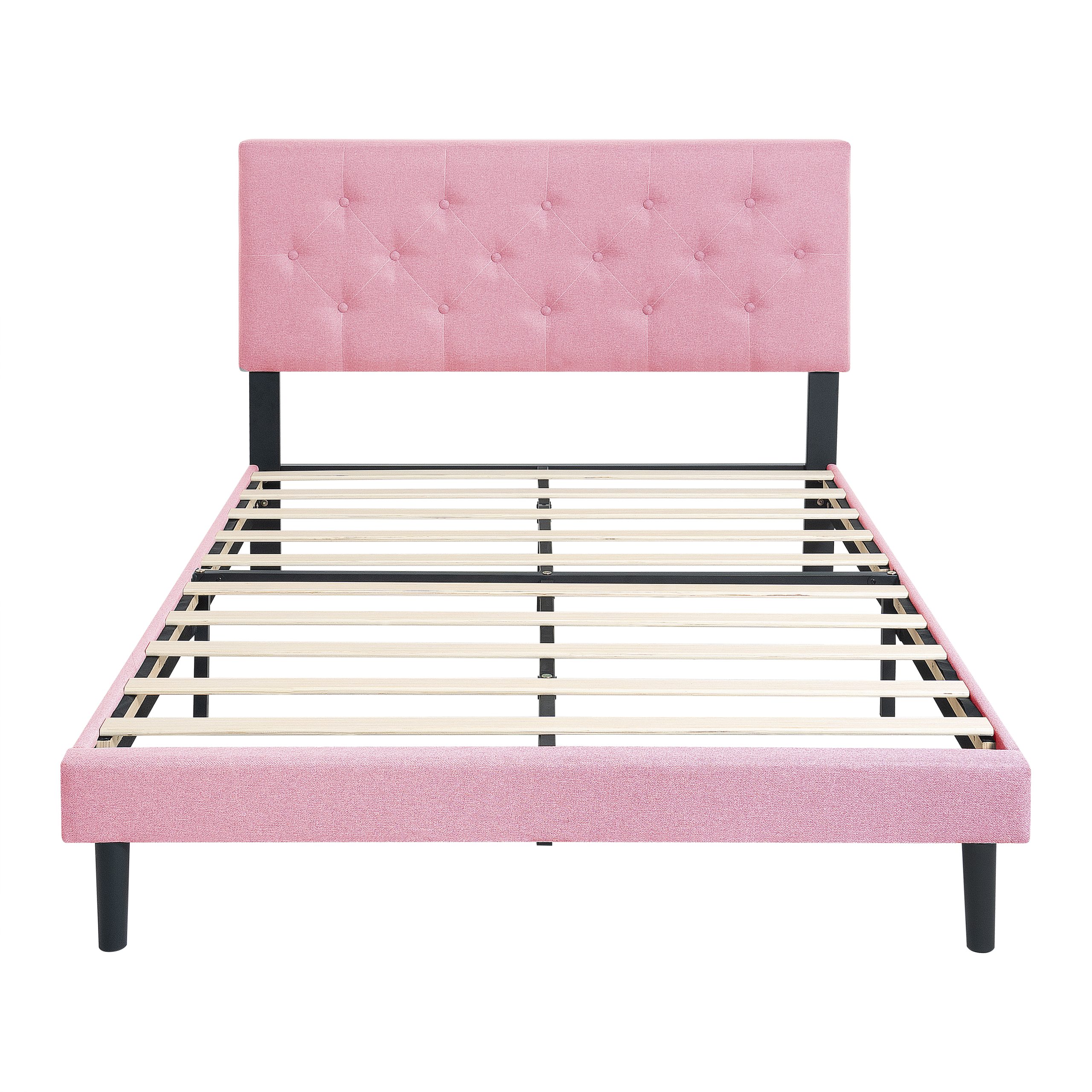 Full Size Upholstered Platform Bed Frame with Modern Button Tufted Linen Fabric Headboard, No Box Spring Needed, Wood Slat Support, Easy Assembly, pink - Image 4