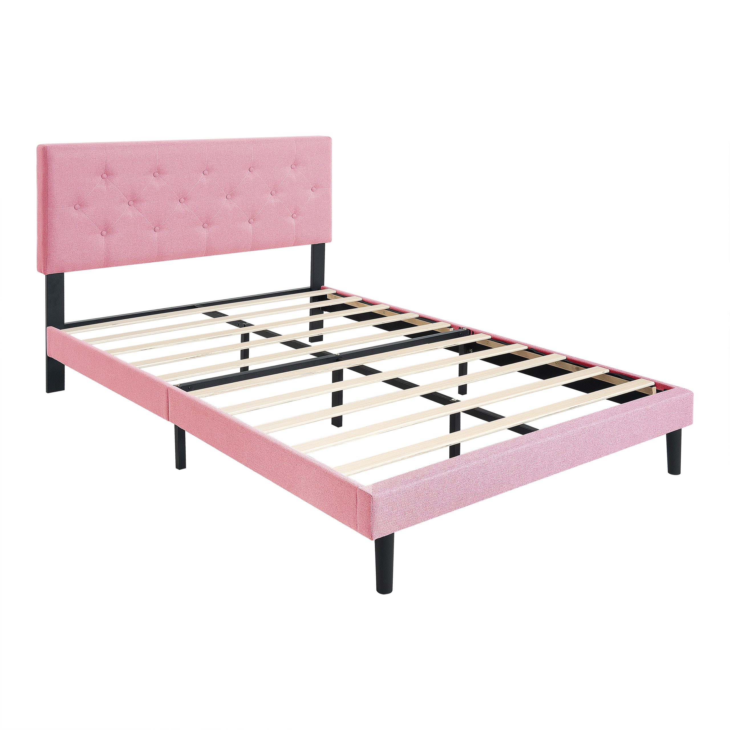 Full Size Upholstered Platform Bed Frame with Modern Button Tufted Linen Fabric Headboard, No Box Spring Needed, Wood Slat Support, Easy Assembly, pink - Image 5