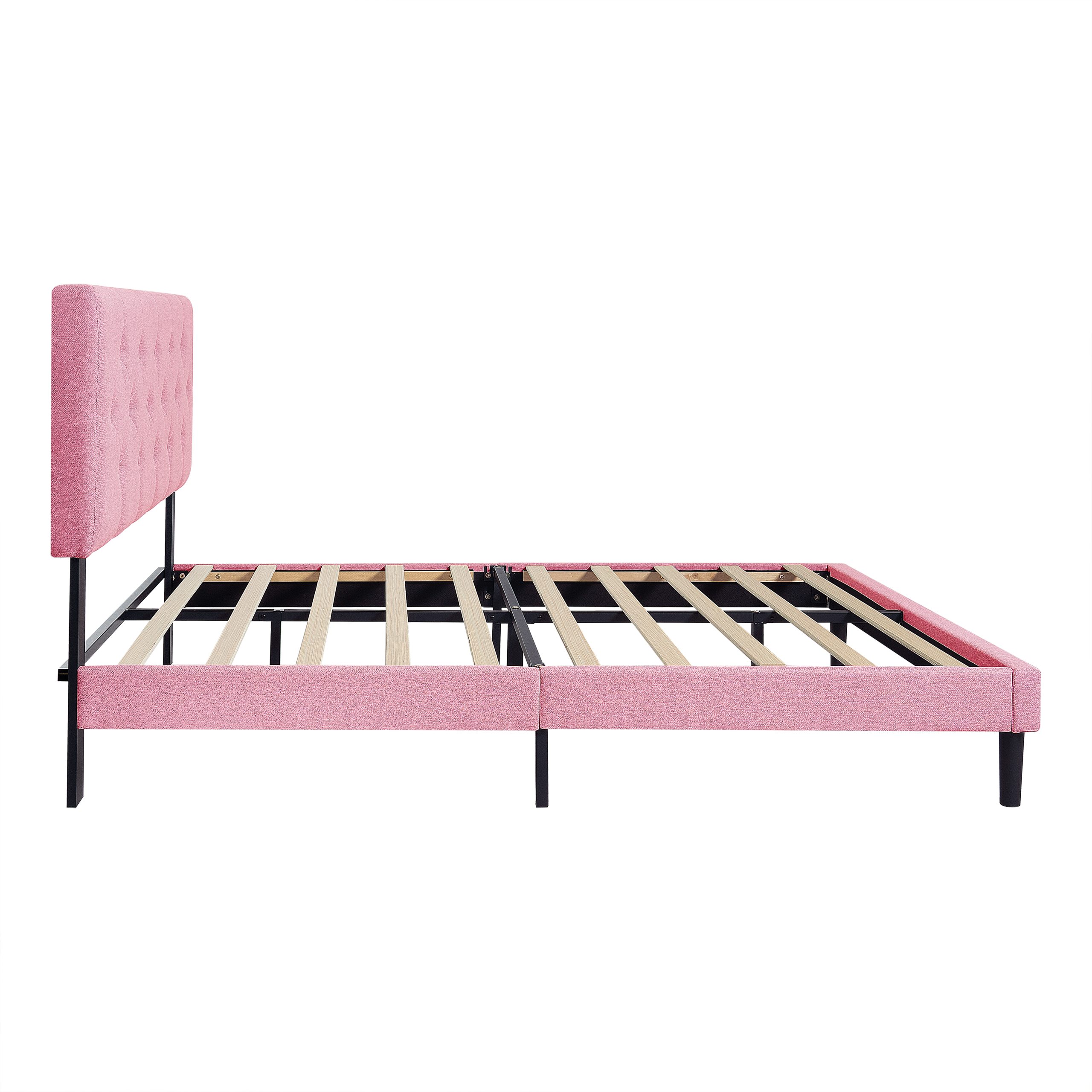 Full Size Upholstered Platform Bed Frame with Modern Button Tufted Linen Fabric Headboard, No Box Spring Needed, Wood Slat Support, Easy Assembly, pink - Image 6