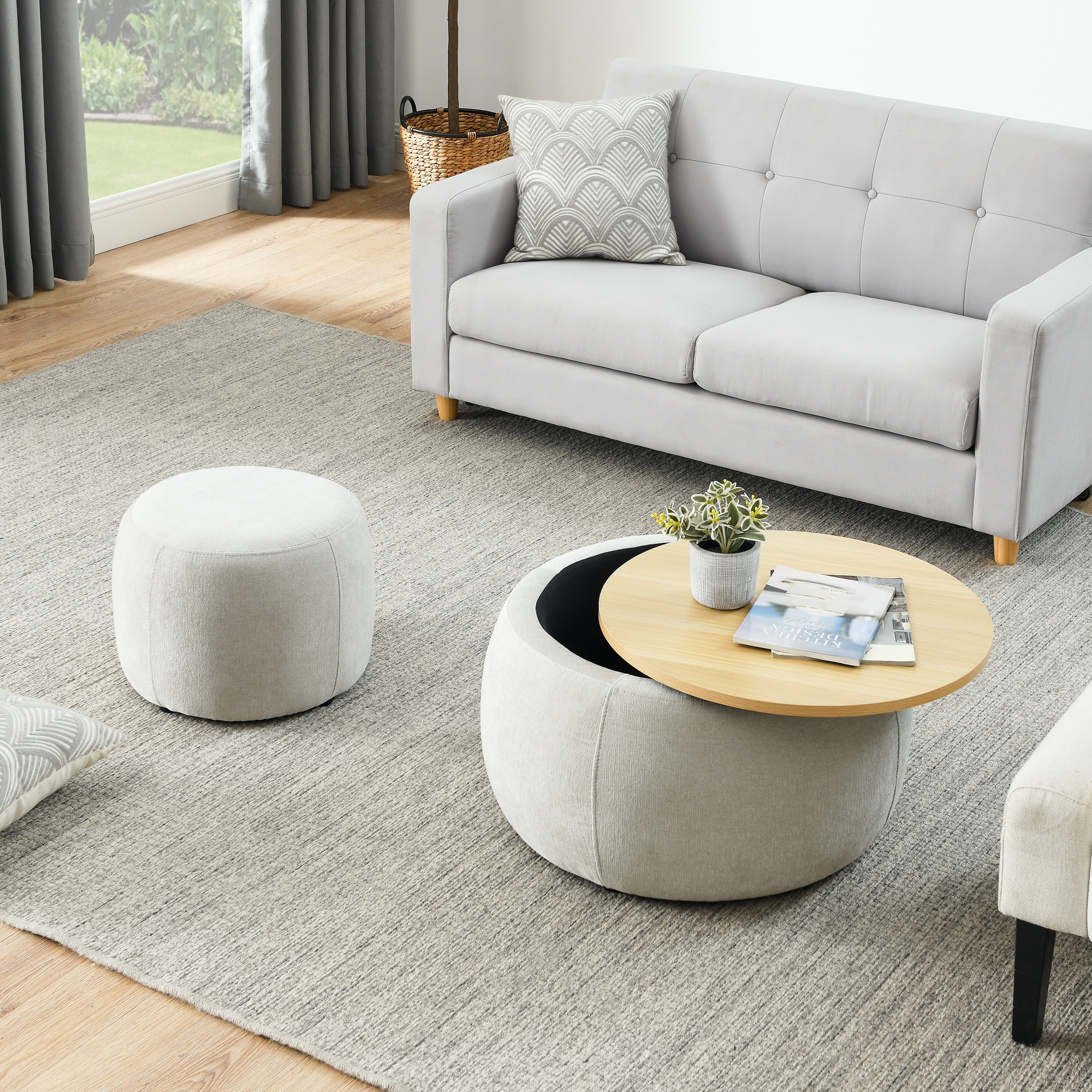 Round Storage Ottoman, 2 in 1 Function, Work as End table and Ottoman,with small seat,Light grey(25"x25"x14.7") - Image 2