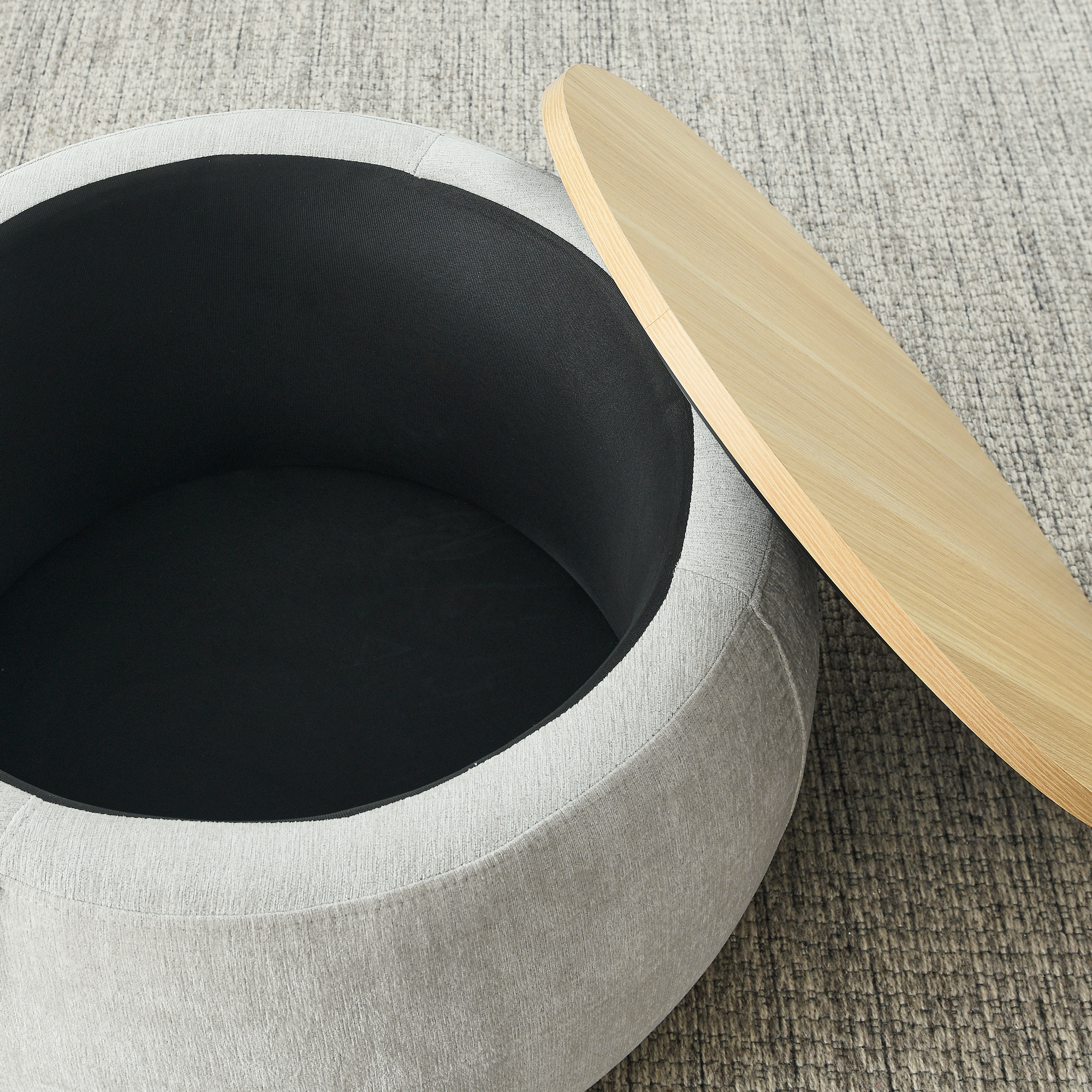 Round Storage Ottoman, 2 in 1 Function, Work as End table and Ottoman,with small seat,Light grey(25"x25"x14.7") - Image 4