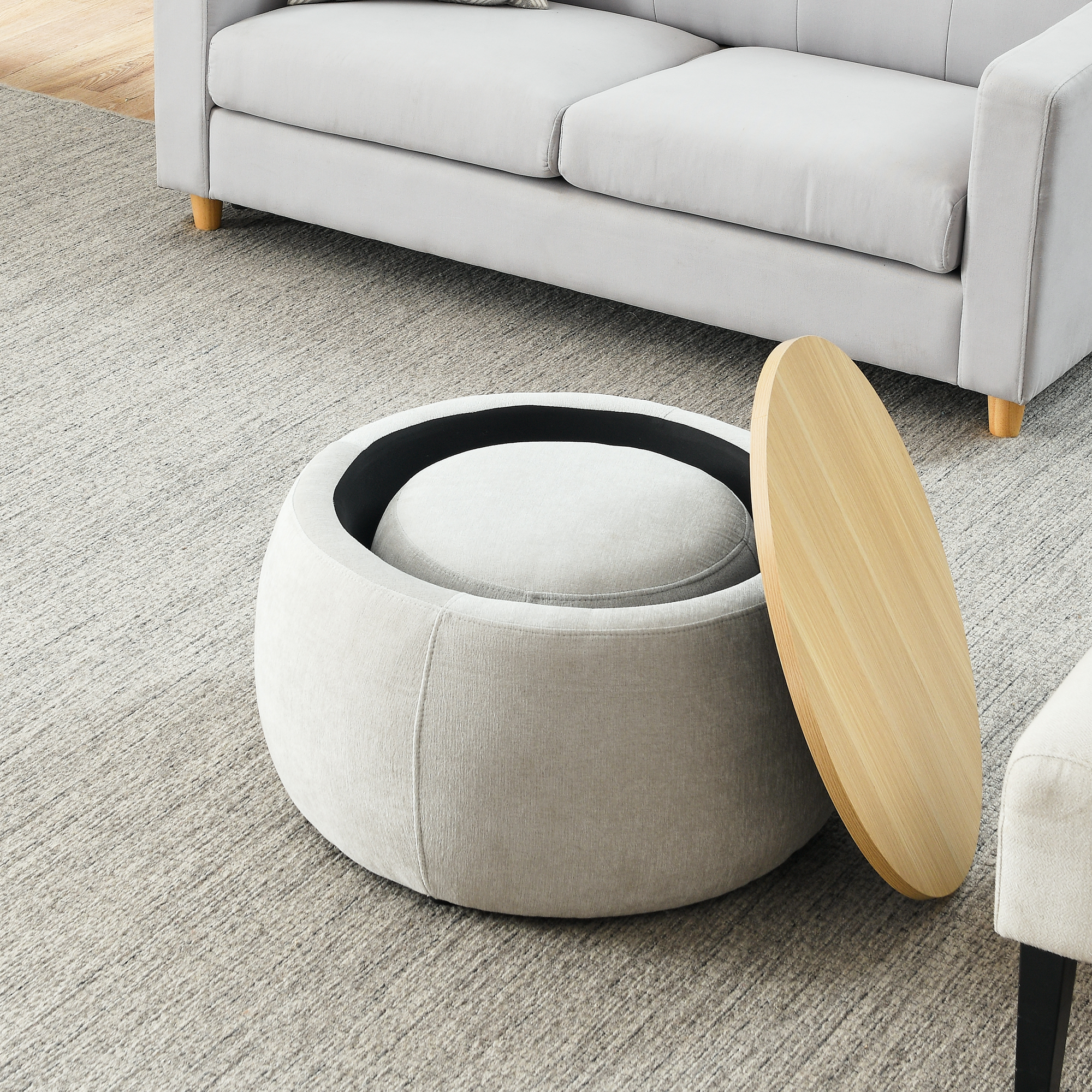 Round Storage Ottoman, 2 in 1 Function, Work as End table and Ottoman,with small seat,Light grey(25"x25"x14.7") - Image 5