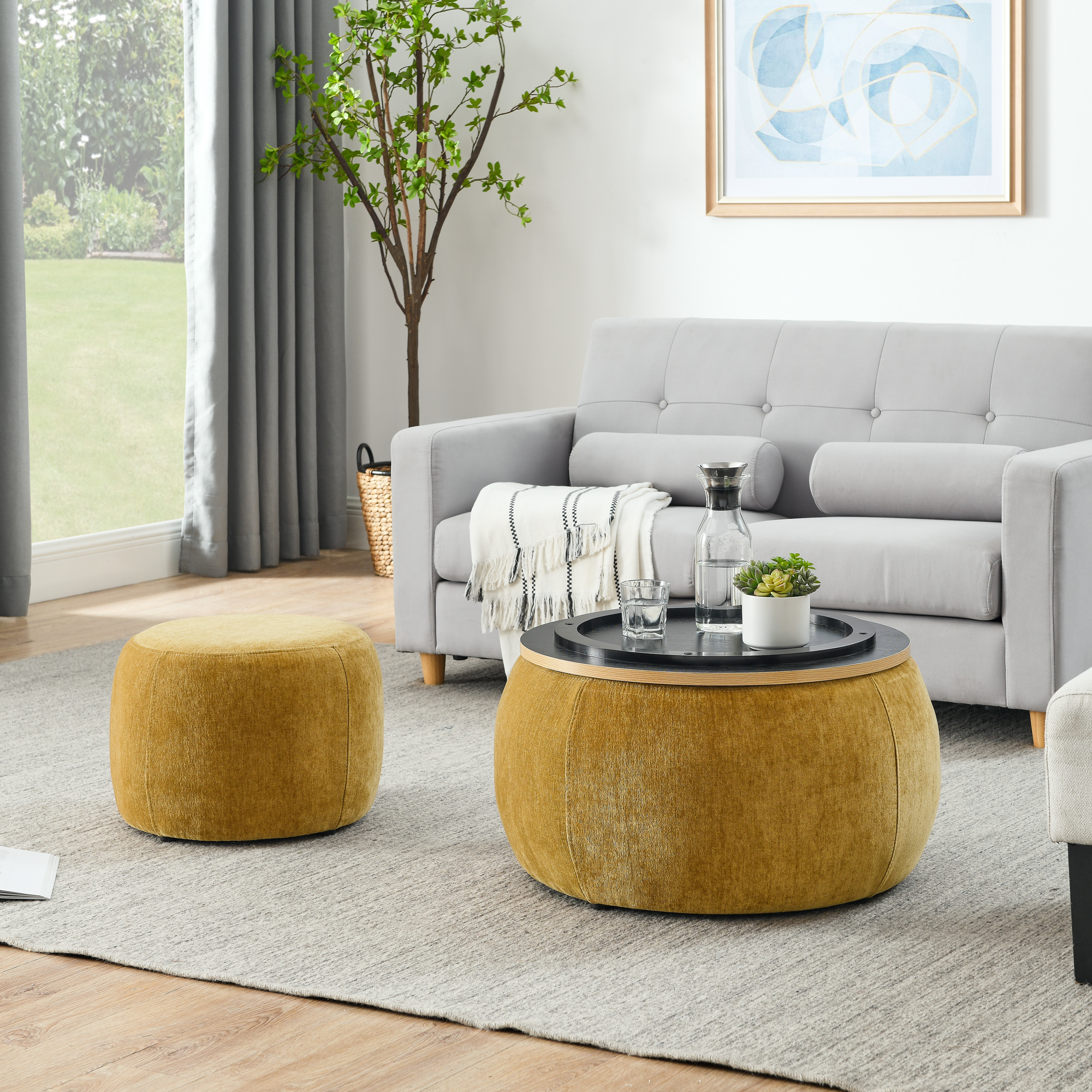 Round Storage Ottoman, 2 in 1 Function, Work as End table and Ottoman,with small seat,Dark yellow(25"x25"x14.7") ow - Image 2