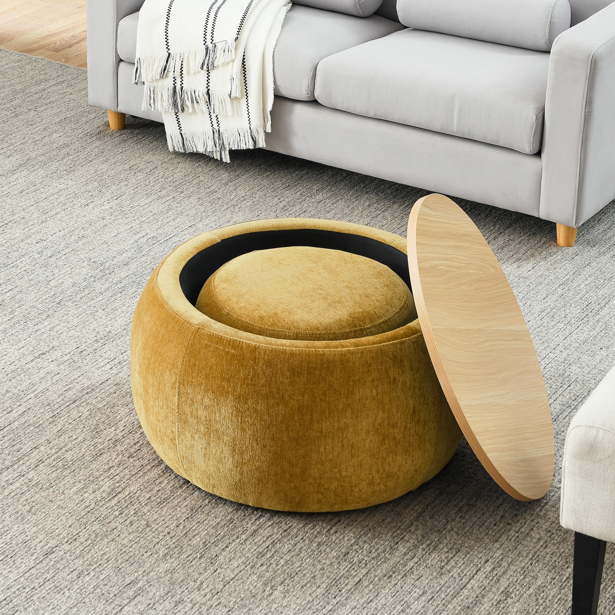 Round Storage Ottoman, 2 in 1 Function, Work as End table and Ottoman,with small seat,Dark yellow(25"x25"x14.7") ow - Image 3