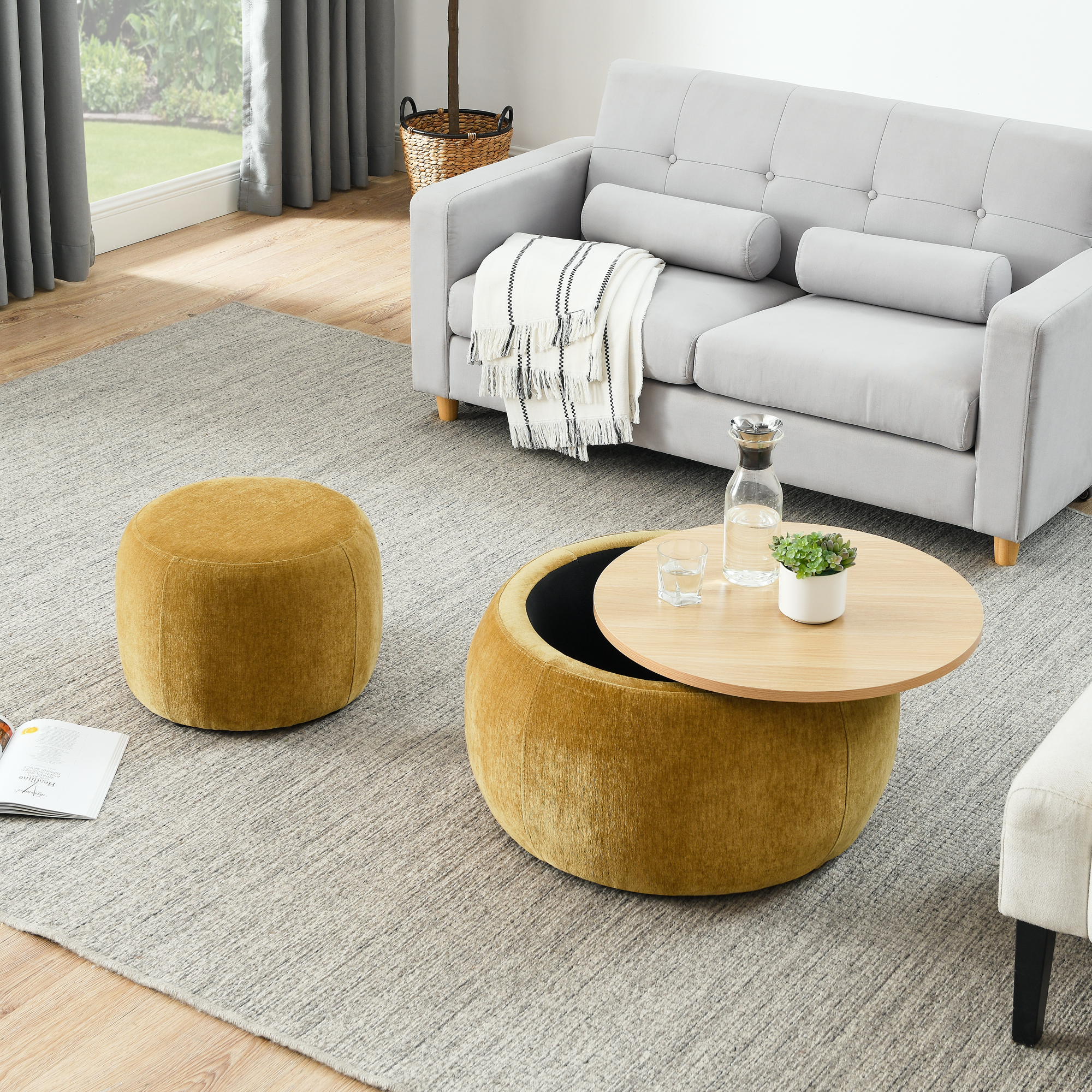 Round Storage Ottoman, 2 in 1 Function, Work as End table and Ottoman,with small seat,Dark yellow(25"x25"x14.7") ow - Image 5