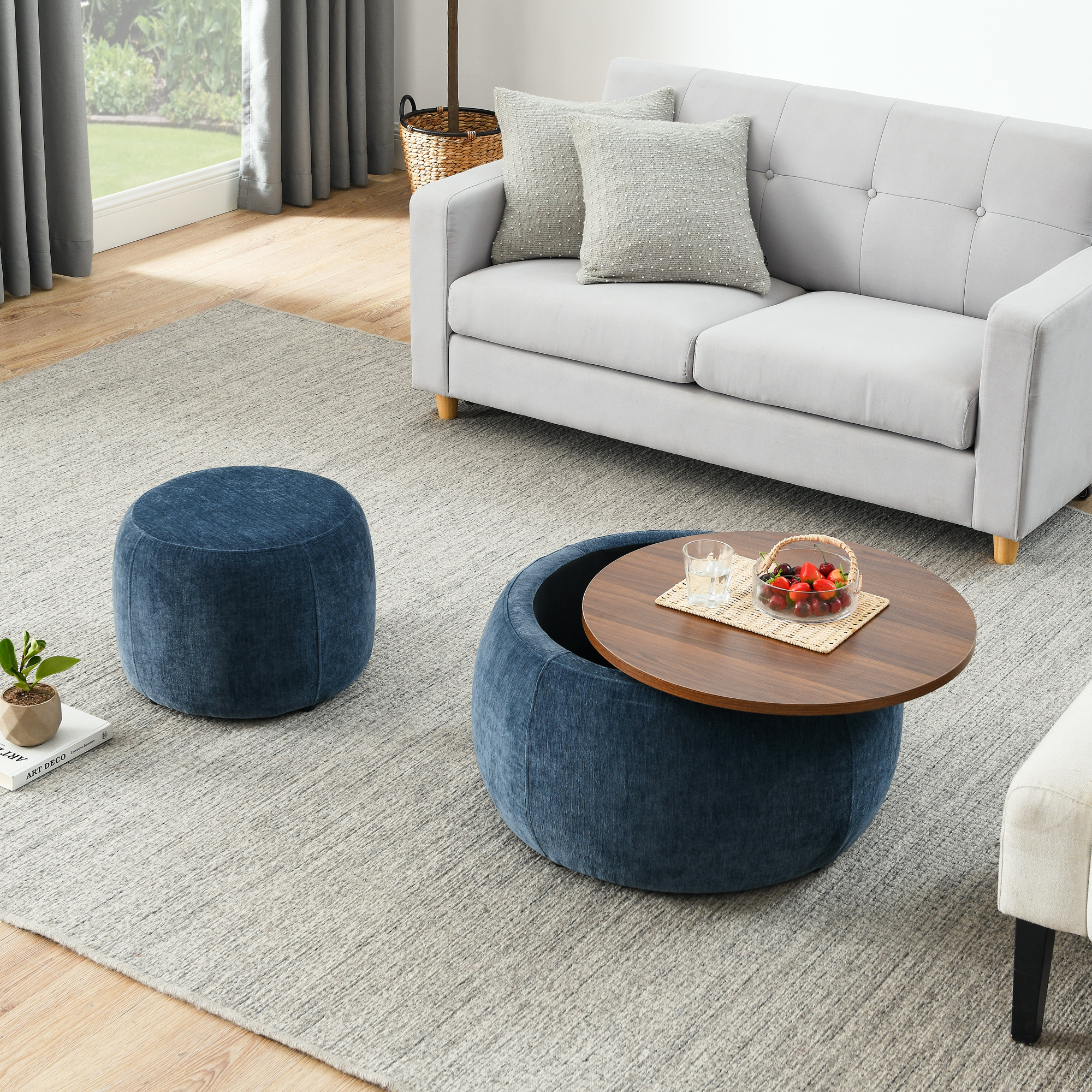 Round Storage Ottoman, 2 in 1 Function, Work as End table and Ottoman,with small seat,Dark blue(25"x25"x14.7") - Image 2