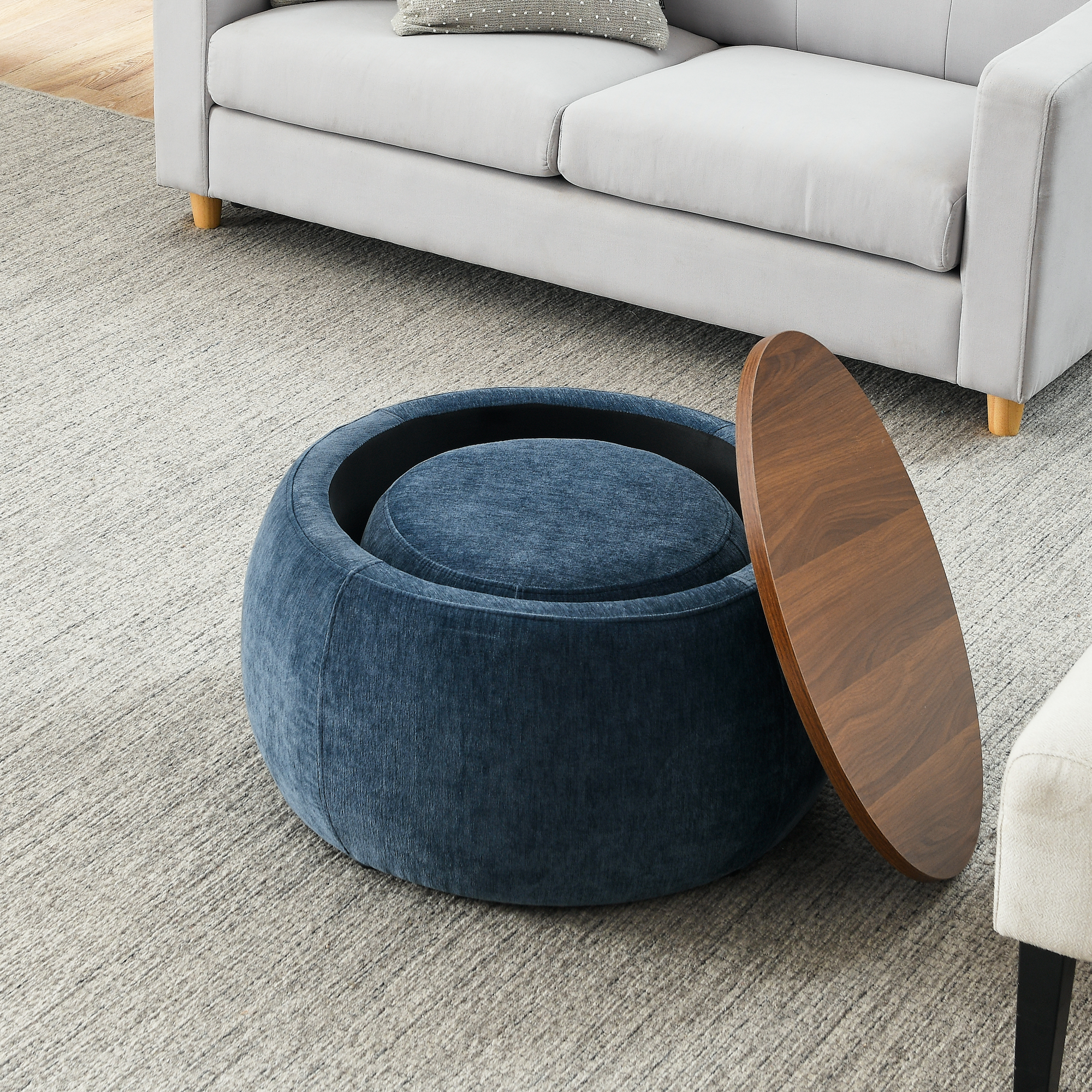 Round Storage Ottoman, 2 in 1 Function, Work as End table and Ottoman,with small seat,Dark blue(25"x25"x14.7") - Image 4