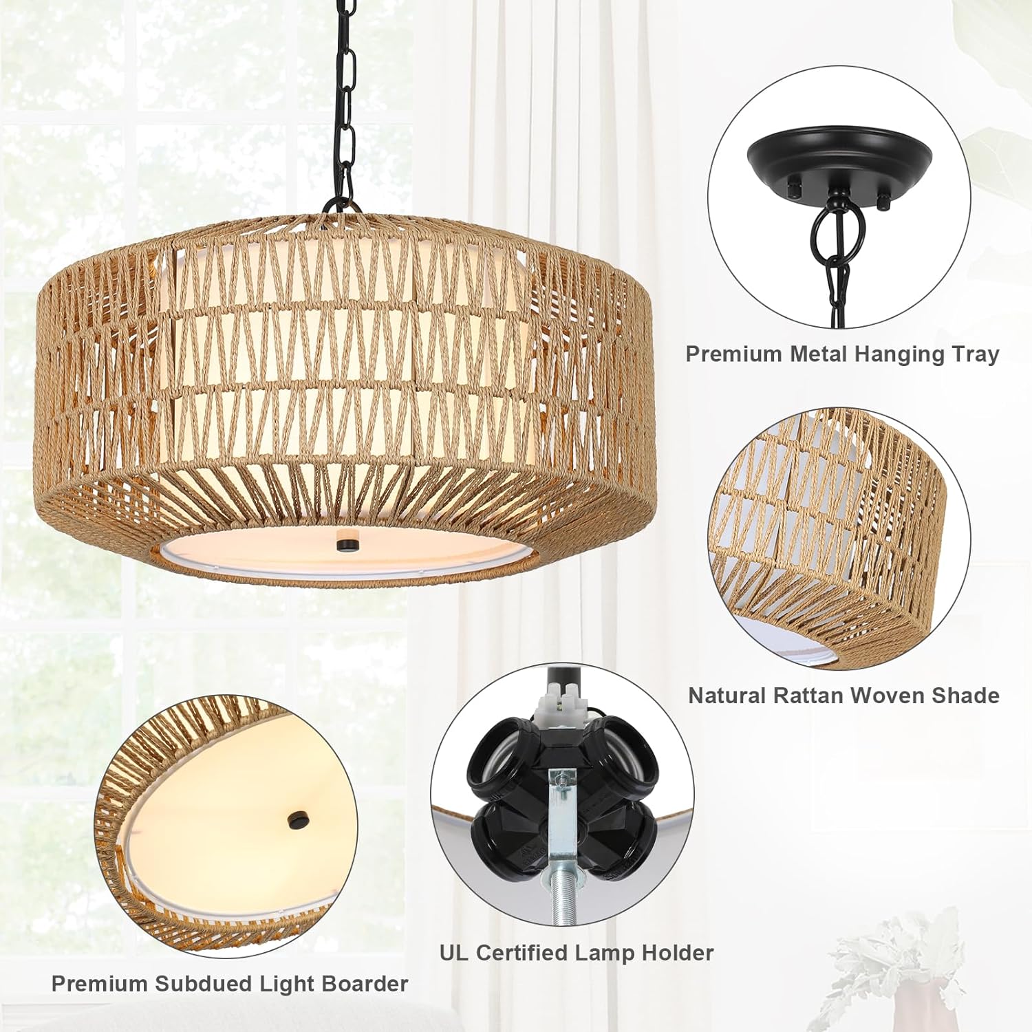 Farmhouse Chandelier Light Fixture,4-Light Rattan Boho Chandeliers for Dining Room with Fabric Shade,Hand Woven Large Rattan Dining Room Light Fixture for Kitchen Bedroom Island Hallway - Image 2