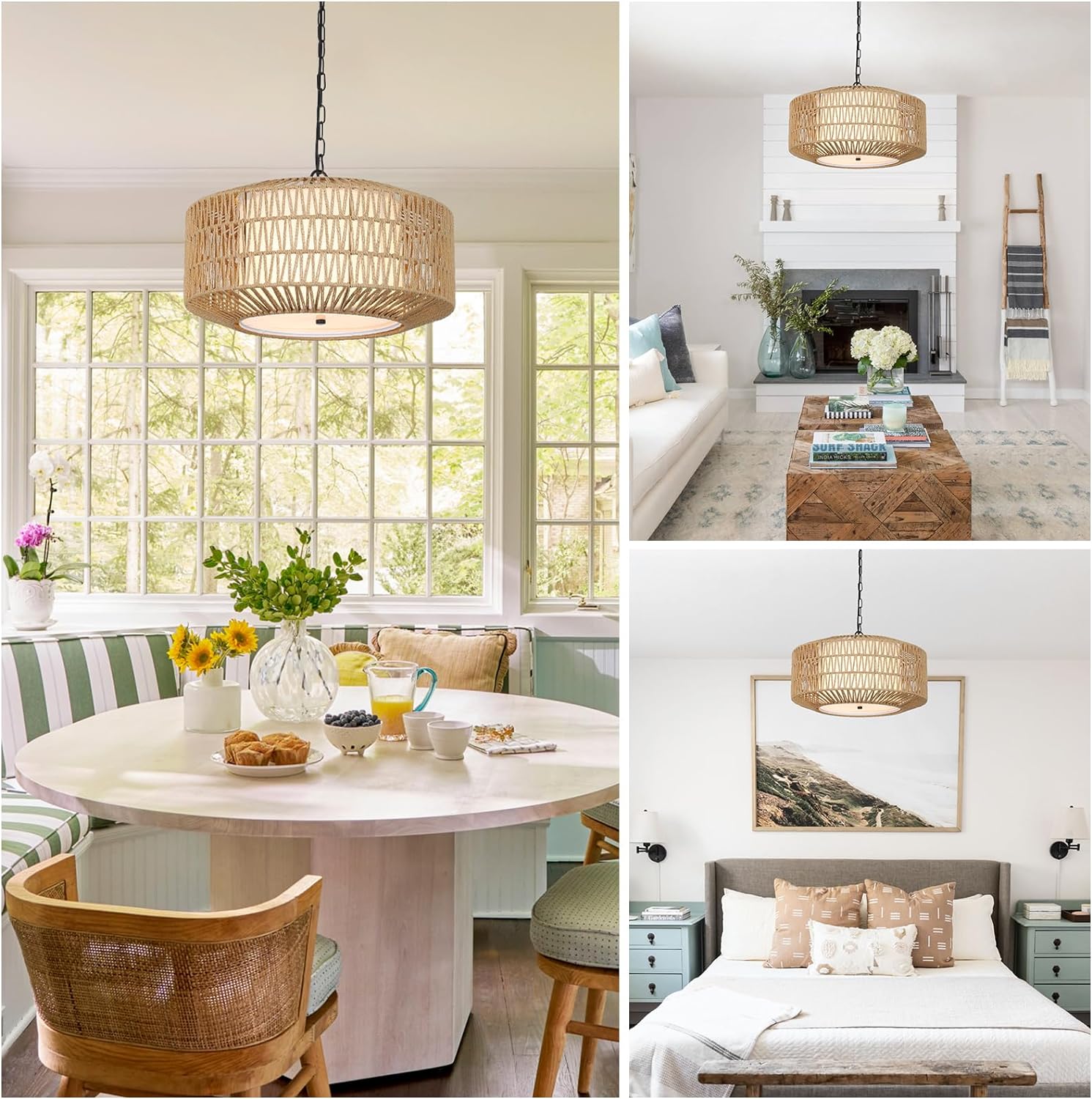Farmhouse Chandelier Light Fixture,4-Light Rattan Boho Chandeliers for Dining Room with Fabric Shade,Hand Woven Large Rattan Dining Room Light Fixture for Kitchen Bedroom Island Hallway - Image 3